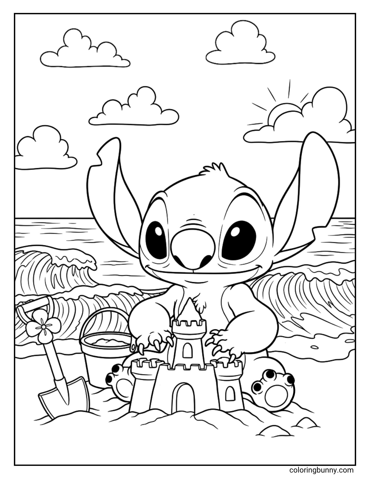 A coloring page of Stitch having fun at the beach. He is sitting on the sand and proudly putting the finishing touches on a magnificent sandcastle he has built. A bucket and shovel are nearby, with the ocean and a sunny sky in the background.