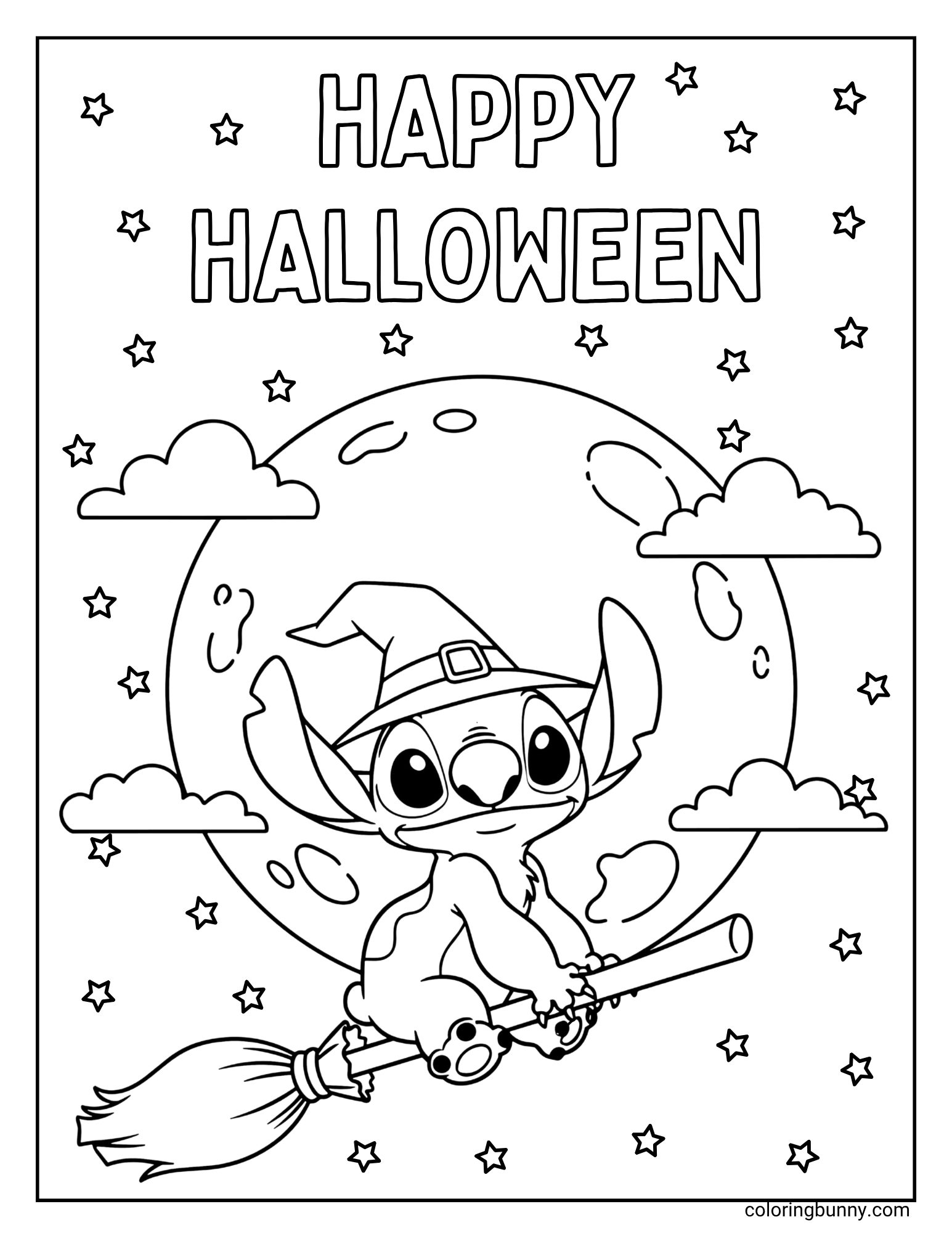 A black and white Happy Halloween Stitch coloring page. The character Stitch is dressed as a witch and is flying on a broomstick in front of a large full moon, with clouds and stars filling the night sky.