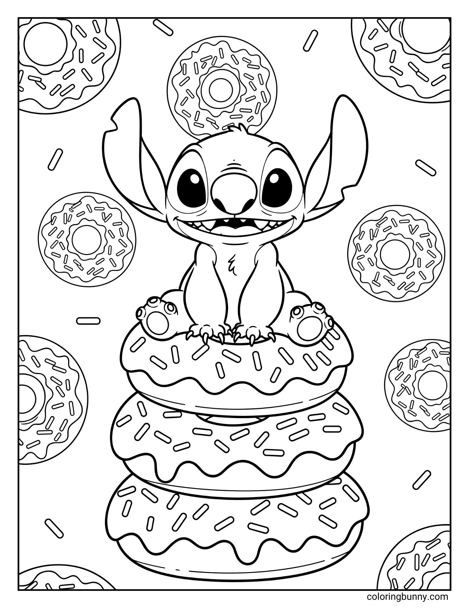A black and white Stitch coloring sheet of the Disney character Stitch in a fantasy world of sweets. He is sitting with a giant smile on top of a tall stack of sprinkled donuts, with another donut balanced on his head. The background is filled with more floating donuts and sprinkles.