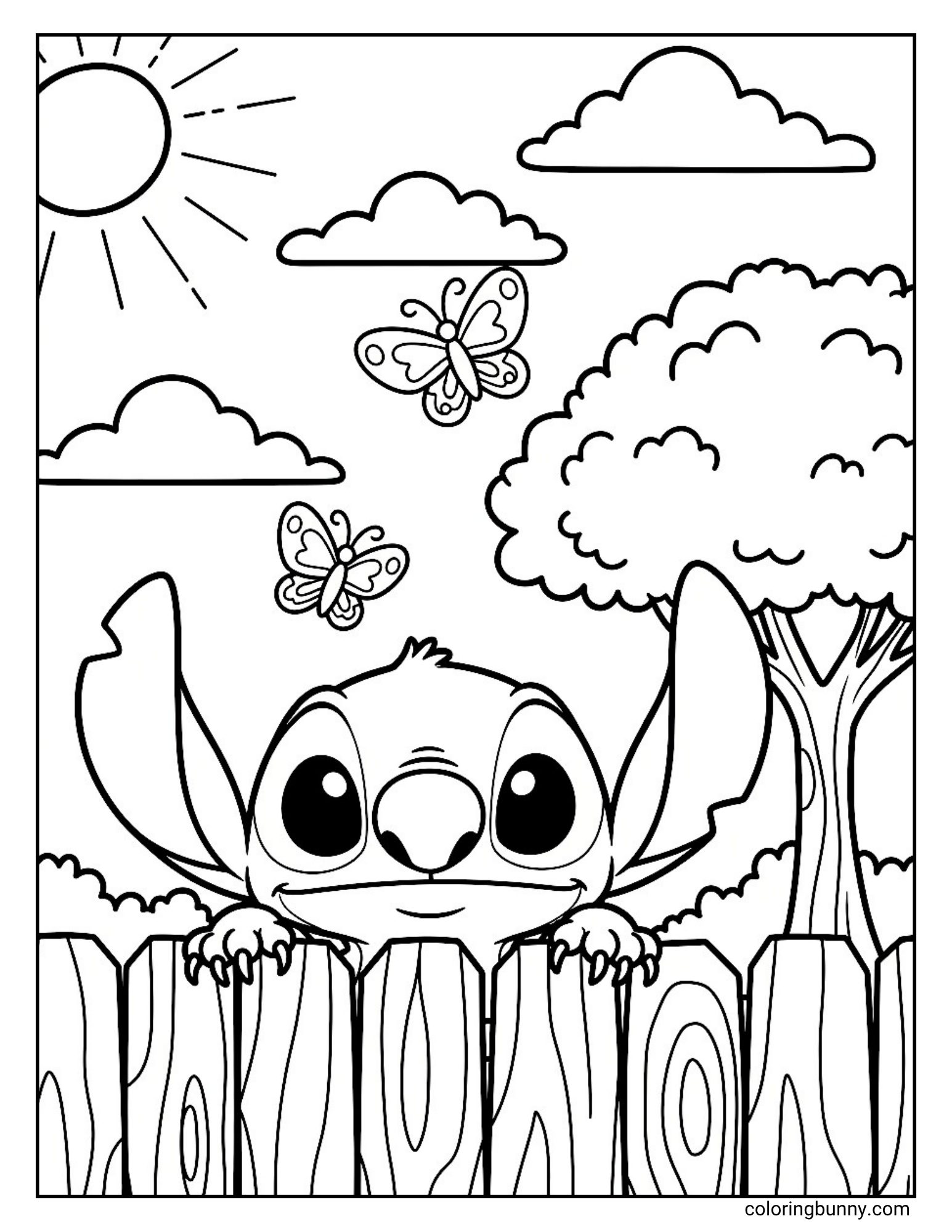 A coloring page of the Disney character Stitch being curious. He is peeking over a wooden fence in a sunny backyard with a big tree, butterflies, and a bright sun in the sky.