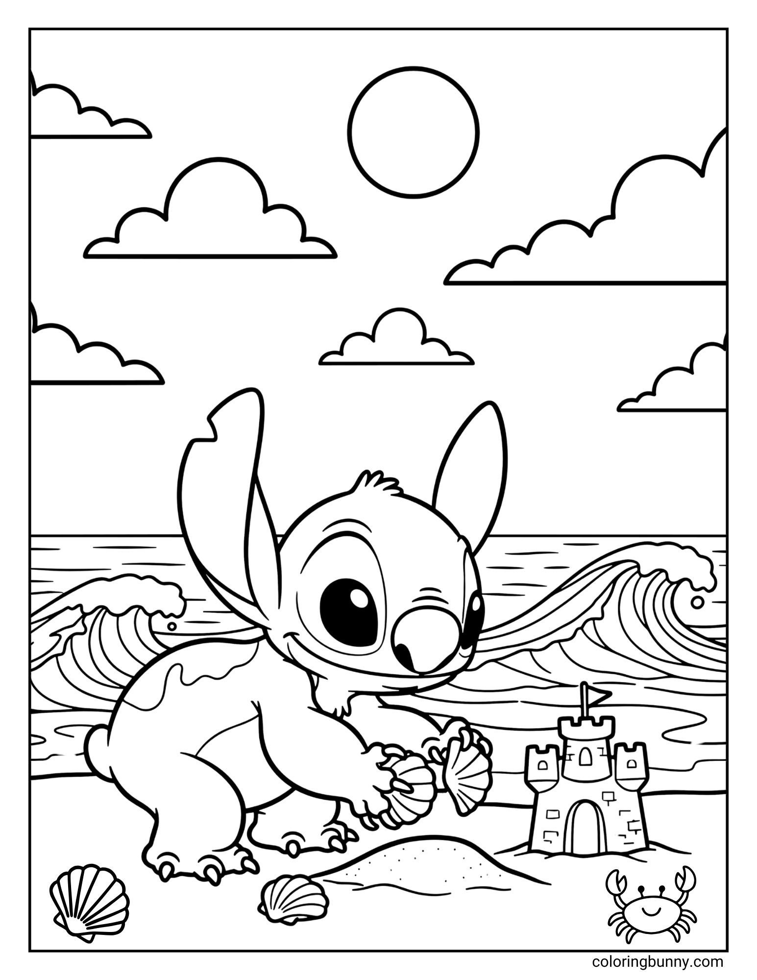 A cute Disney coloring page of Stitch playing on the beach. He is curiously examining a seashell he found in the sand. Nearby are more shells, a small sandcastle, and a friendly crab, with the ocean waves in the background.