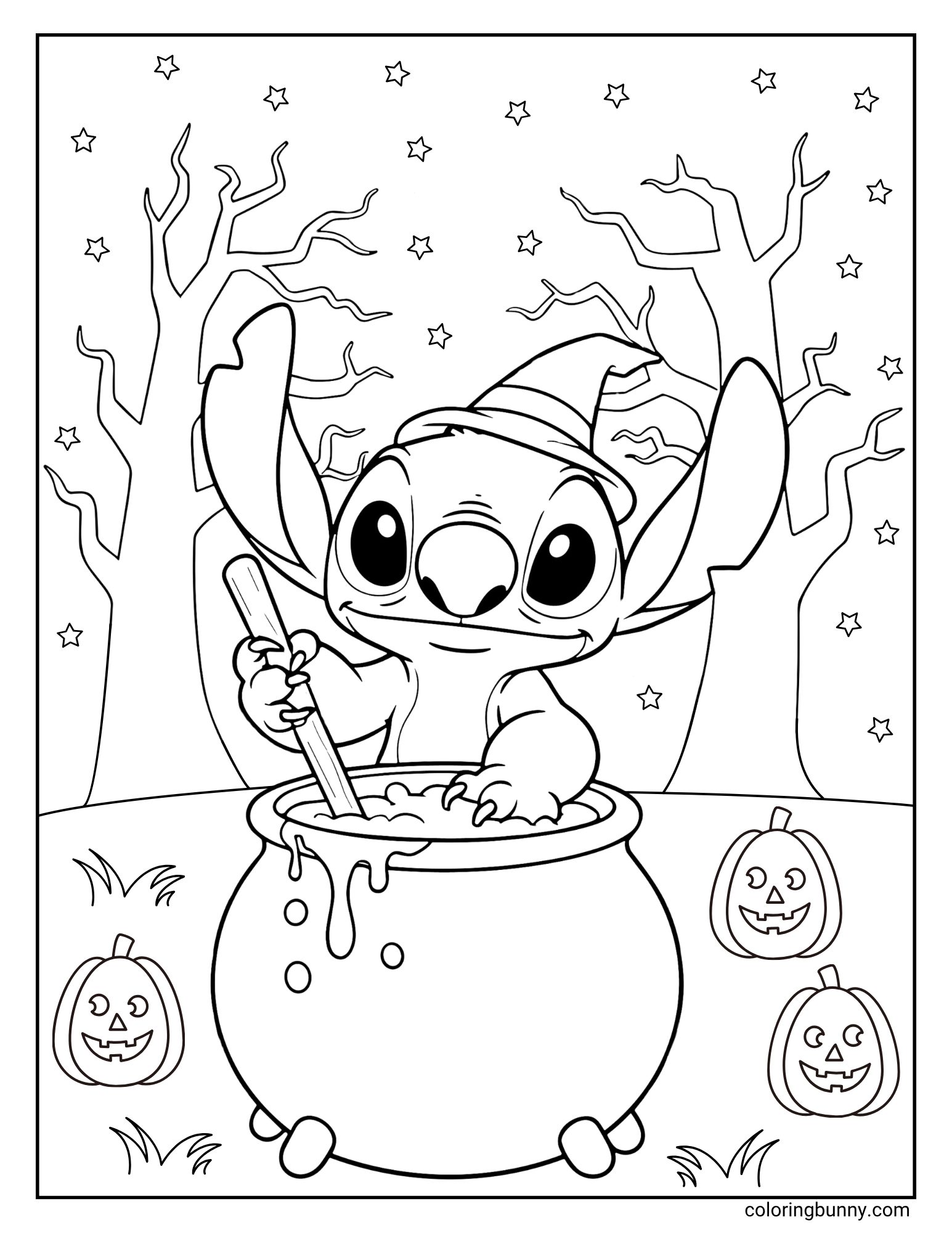 A Stitch Halloween coloring page of the Disney character Stitch dressed as a witch. He has a mischievous expression as he energetically stirs a bubbling cauldron in a spooky forest at night, surrounded by jack-o'-lanterns and stars.