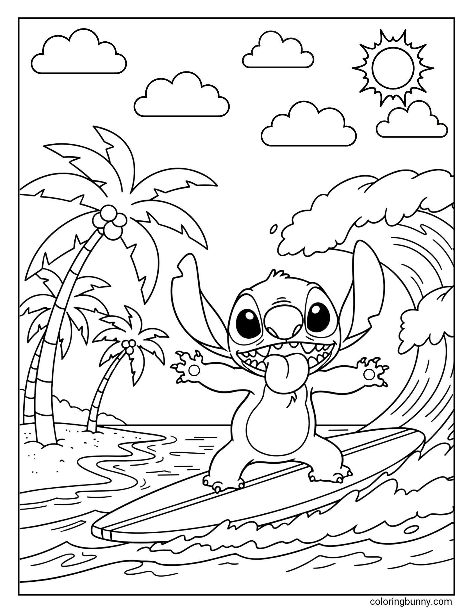 A Stitch coloring page of the character Stitch surfing. He is standing on a surfboard, riding a large wave with a wild and excited expression, sticking his tongue out. The background is a sunny beach scene with palm trees.
