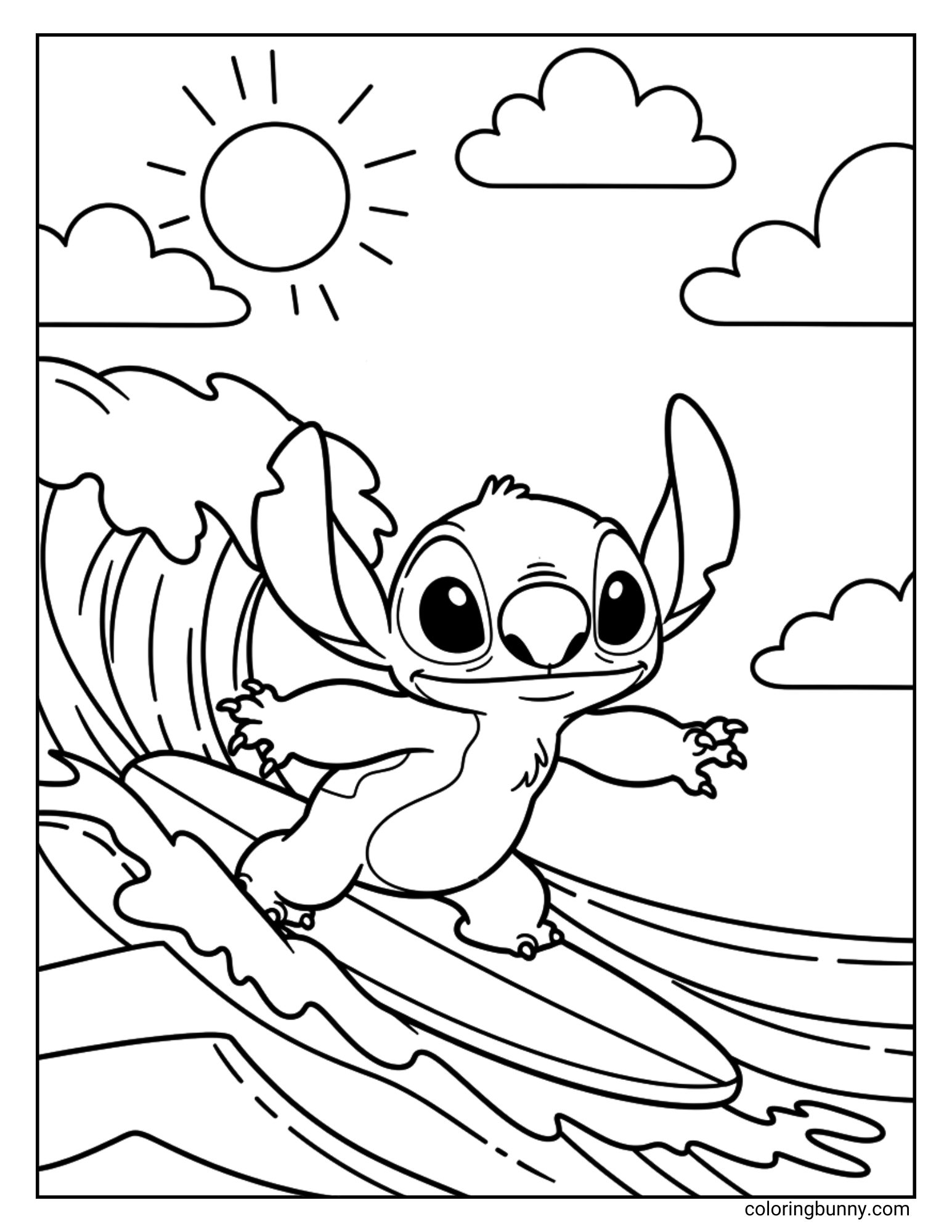 A coloring page of the cute Disney character Stitch. He is skillfully surfing on a large ocean wave on a beautiful sunny day, balancing on his surfboard with a happy expression.