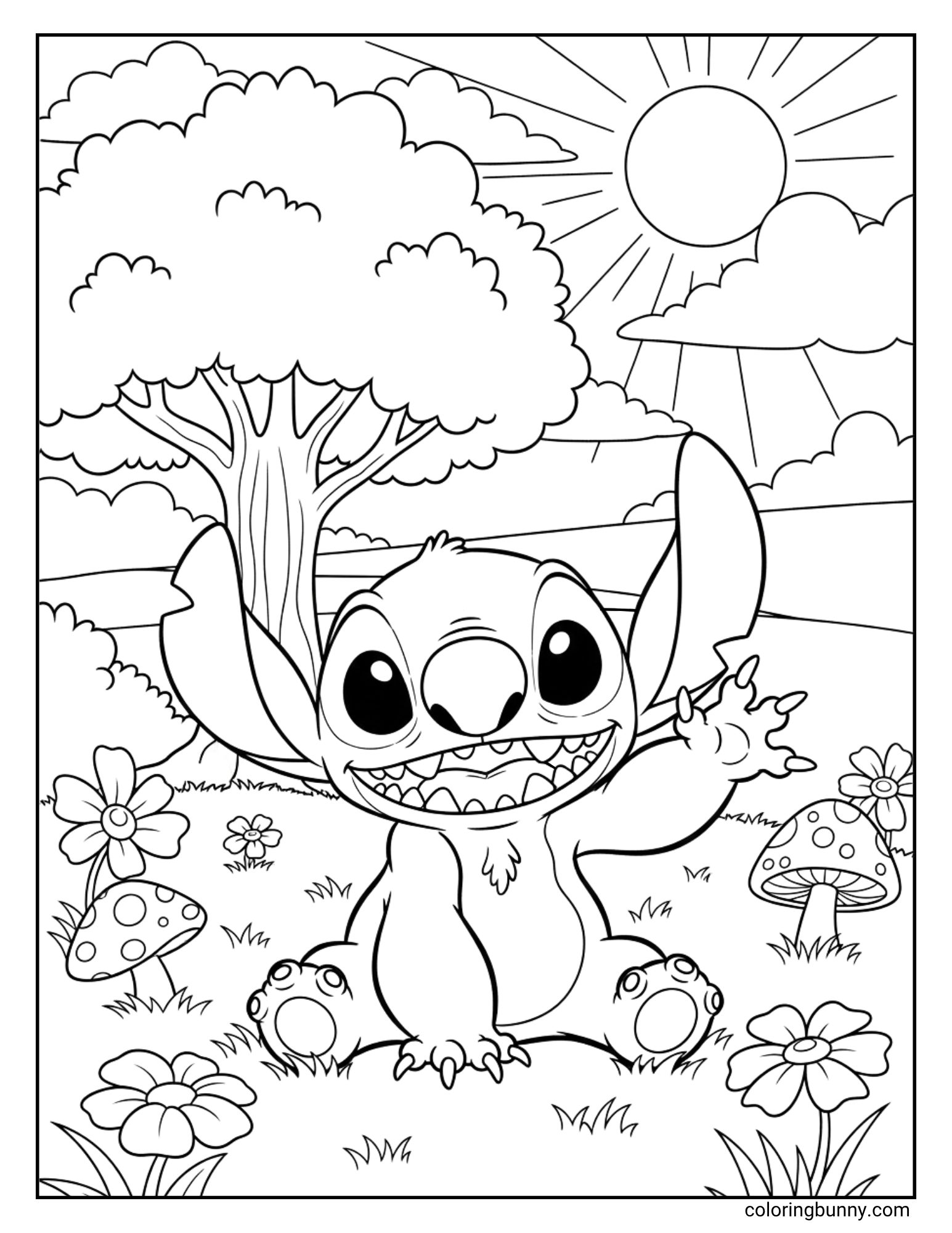 A cute coloring page of the Disney character Stitch looking very happy. He is sitting in a sunny meadow filled with flowers and mushrooms and giving an enthusiastic wave. A large tree and rolling hills are in the background.