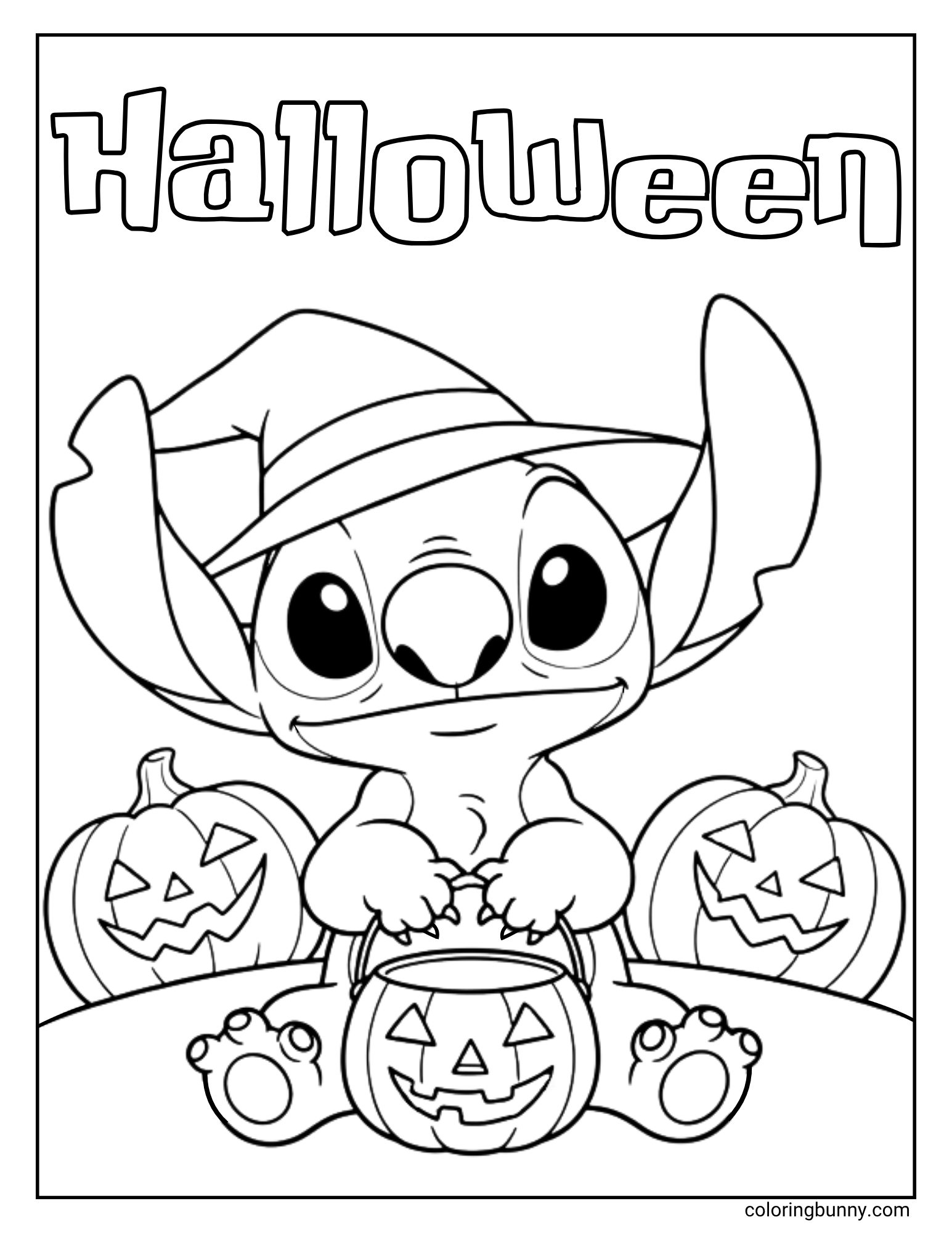 A cute Stitch Halloween coloring sheet featuring the Disney character Stitch. He is wearing a witch's hat and sitting on the ground with a jack-o'-lantern candy pail between his feet, with two more jack-o'-lanterns beside him.