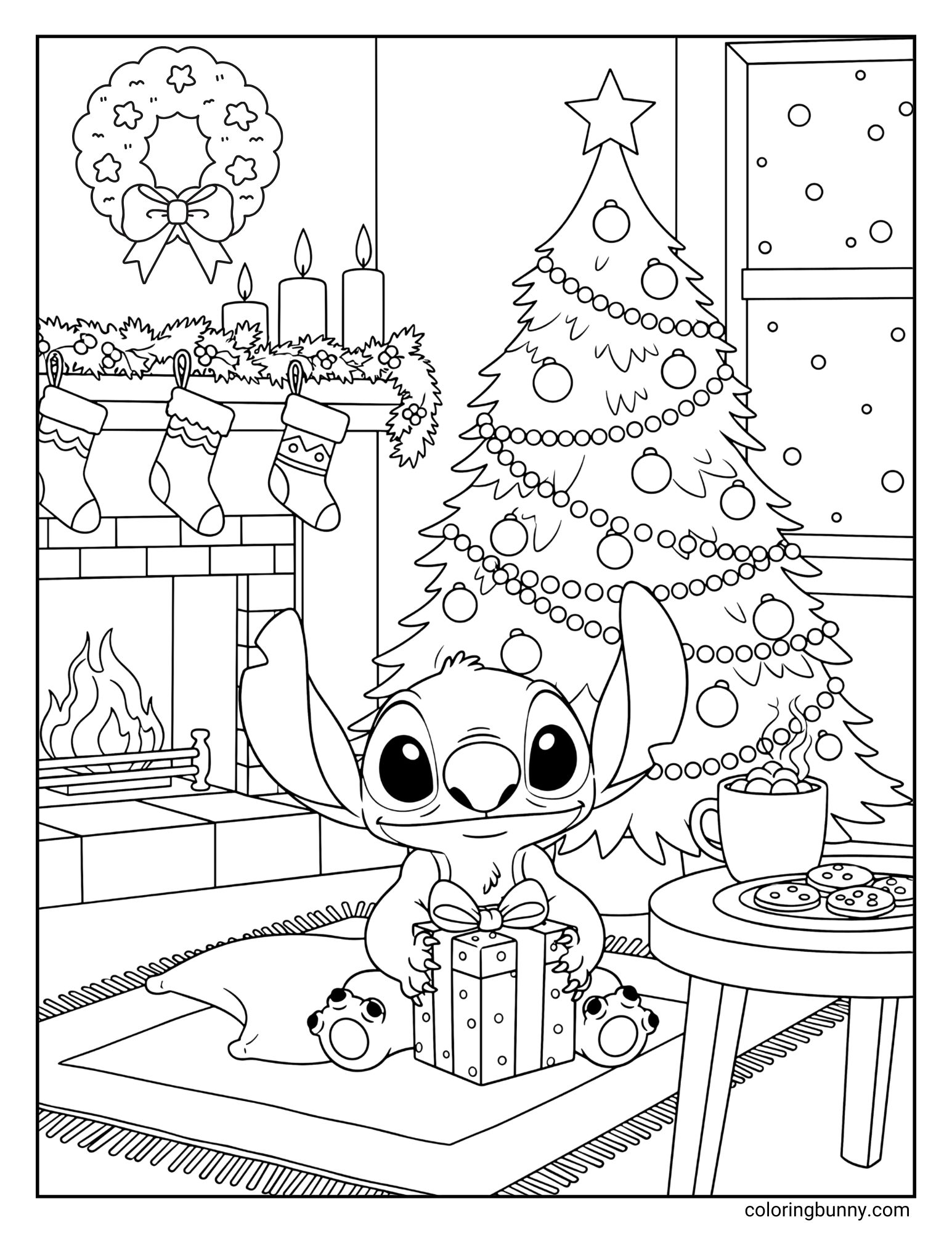 A cute Christmas coloring page of the Disney character Stitch. He is sitting on a rug in a cozy room, holding a present in front of a decorated Christmas tree and a warm fireplace. Outside the window, snow is falling.