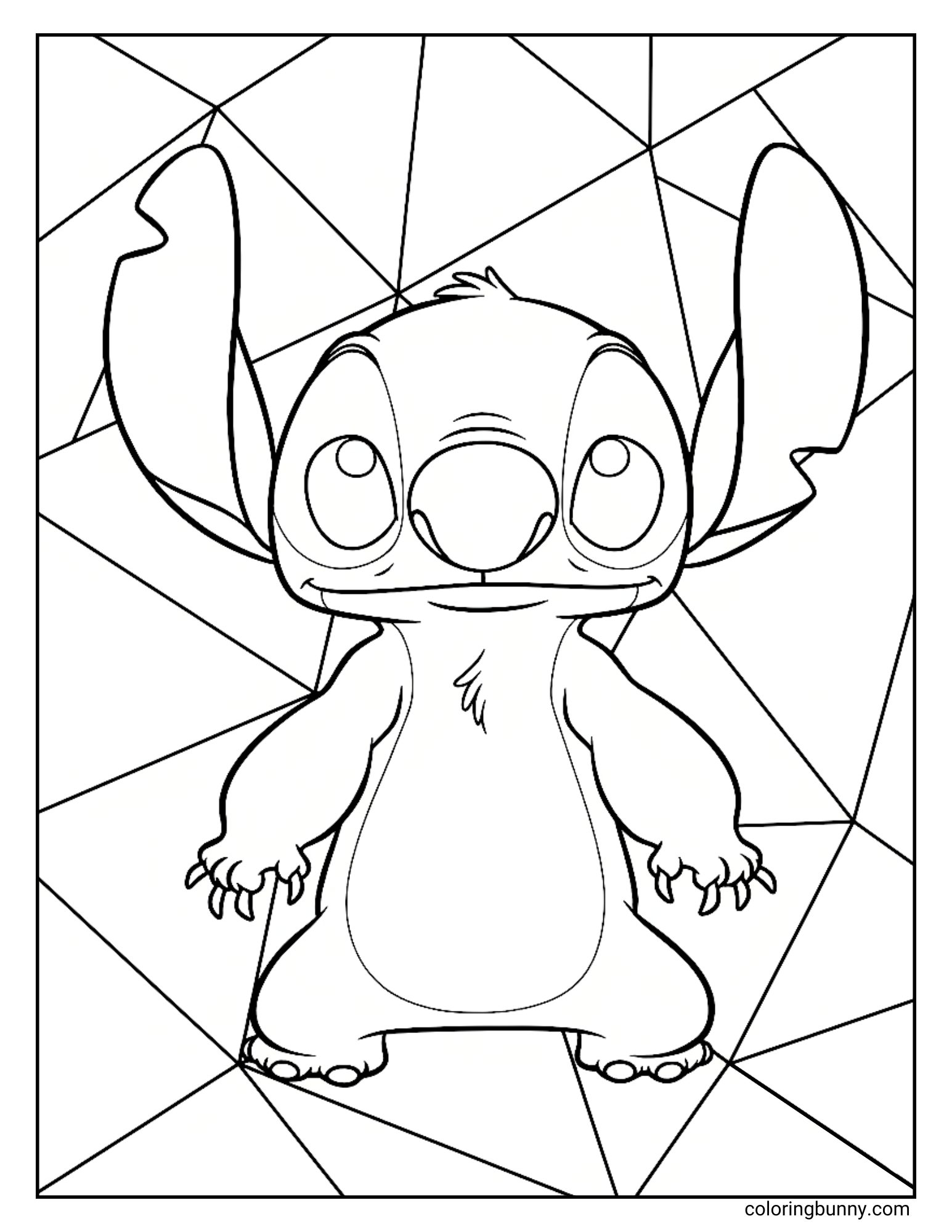 A Stitch coloring page of the cute Disney character Stitch. He is standing and looking upwards with a curious expression against a background filled with a geometric pattern of intersecting lines.