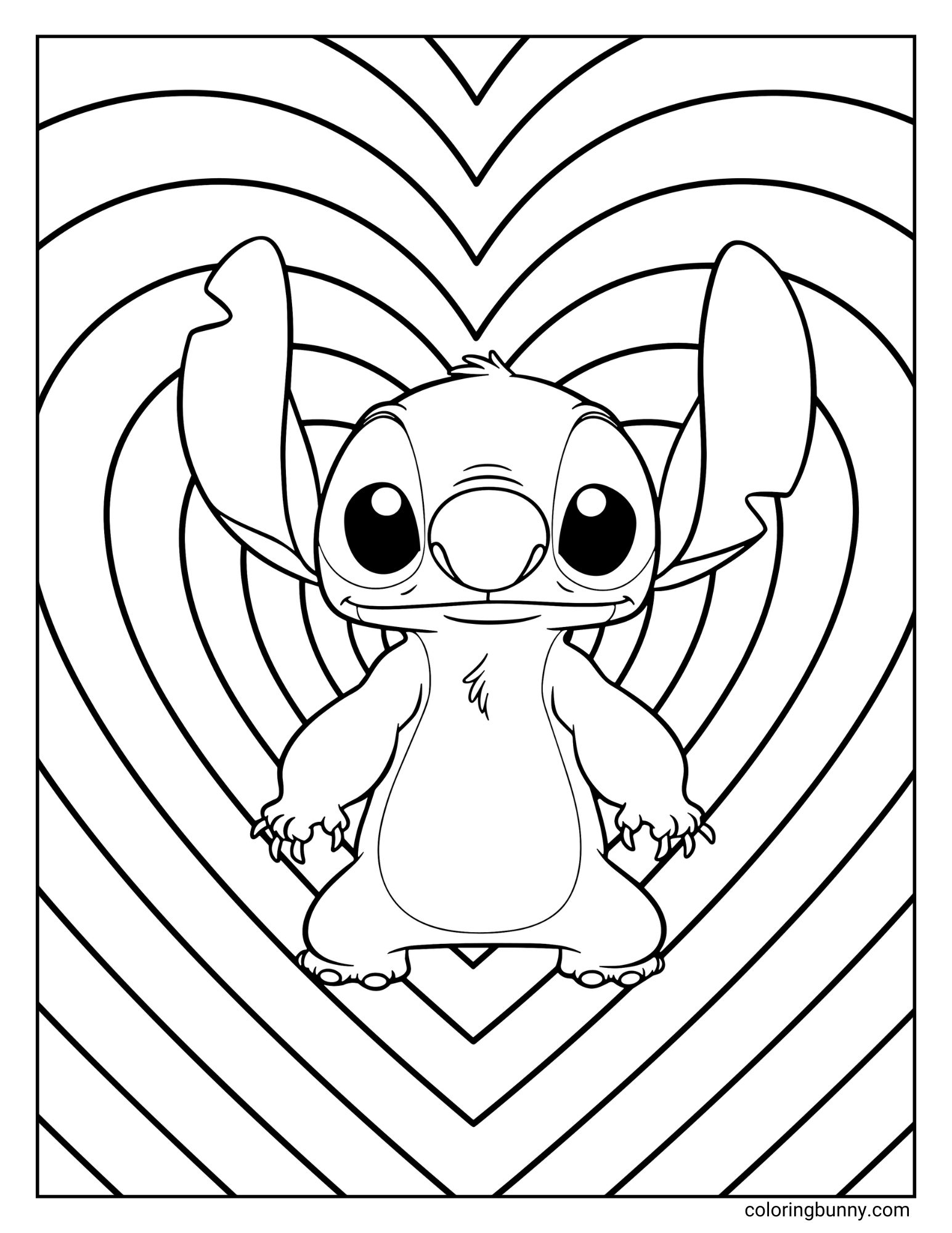 A cute Disney coloring page of the character Stitch. He is standing in the center of a large, graphic heart made of repeating, concentric lines that create a radiating pattern.