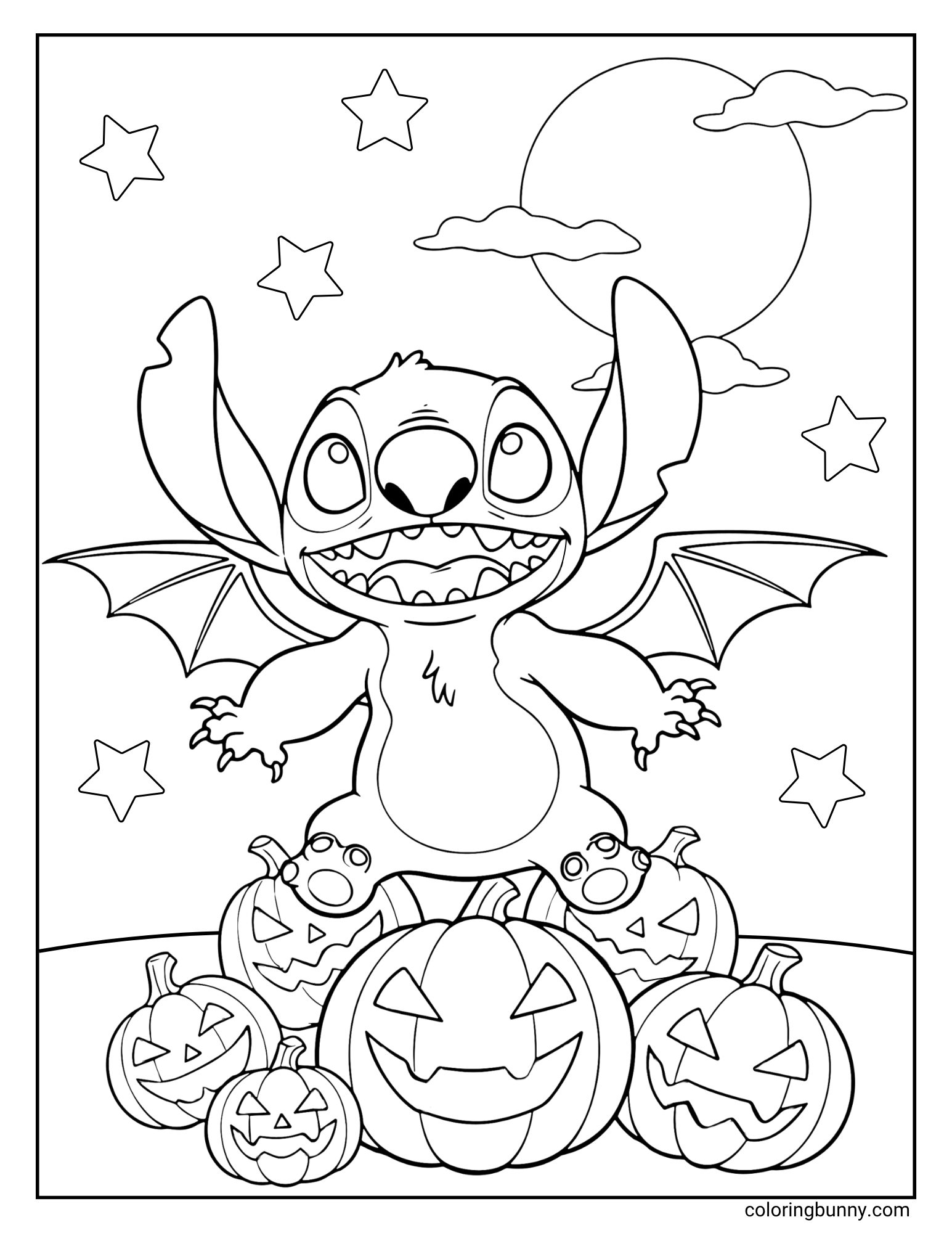 A fun Stitch Halloween coloring page of the Disney character Stitch. He is showing his monstrous side with a big, toothy grin and large bat wings spread out behind him. He is standing triumphantly on a pile of jack-o'-lanterns under a full moon.