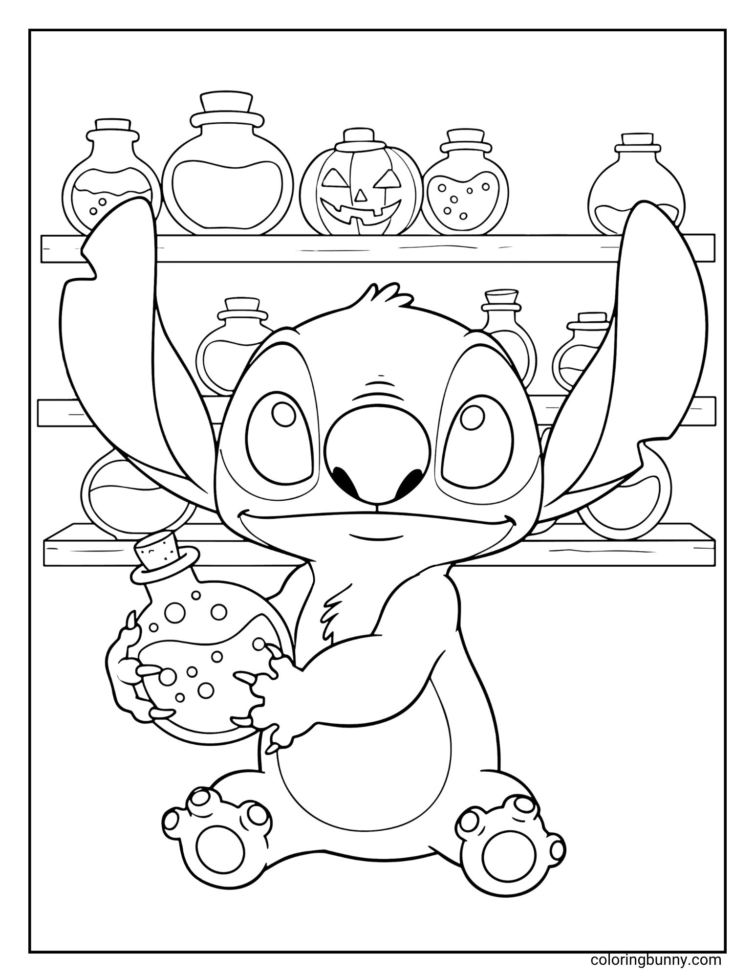 A Stitch Halloween coloring page of the Disney character Stitch in a potion room. He is sitting on the floor and holding a large, bubbling potion flask, looking up with a mischievous expression. The shelves behind him are filled with more magical potions and a jack-o'-lantern.