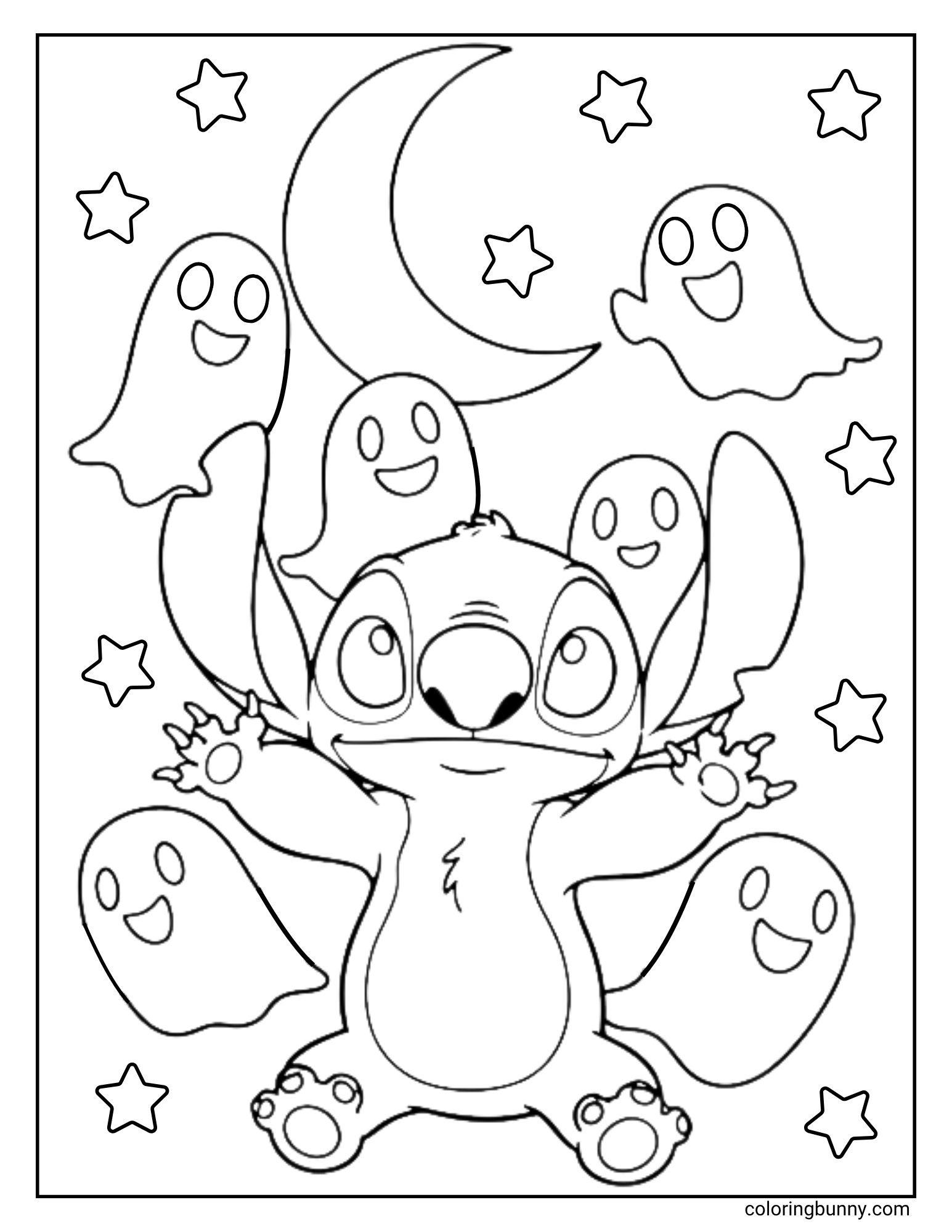 A fun Halloween coloring page of the Disney character Stitch. He is sitting on the ground with a surprised look on his face as he is playfully surrounded by six friendly, floating ghosts under a crescent moon and starry sky.