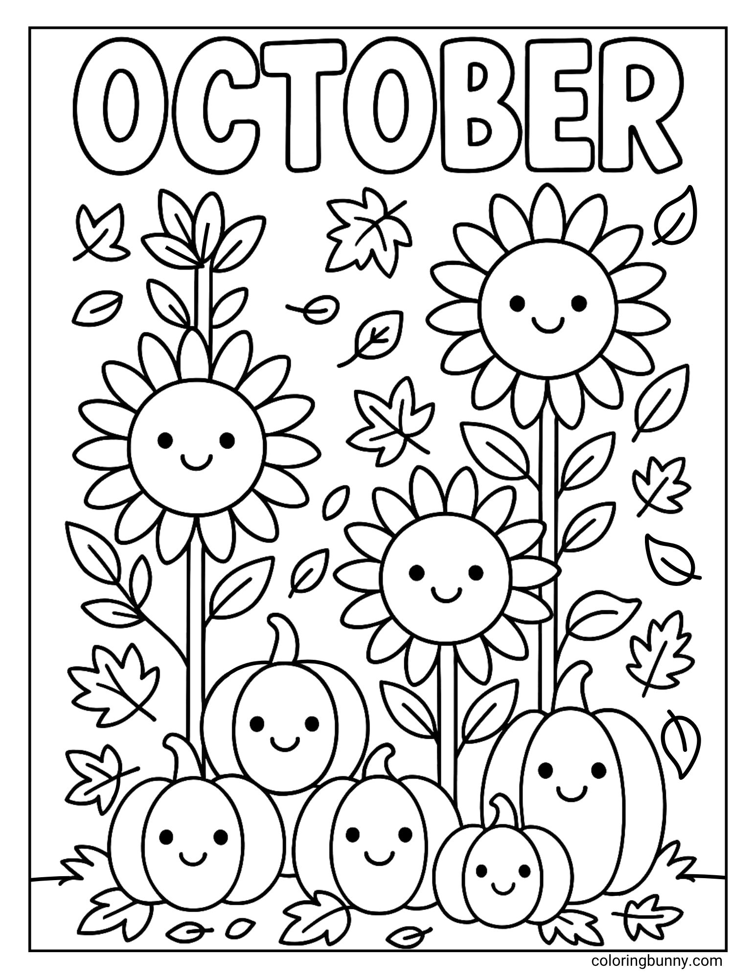 A cheerful coloring sheet for October, featuring a garden where all the plants are alive. Three tall, smiling sunflowers and four happy little pumpkins are gathered together under the word 'October', with autumn leaves falling around them.