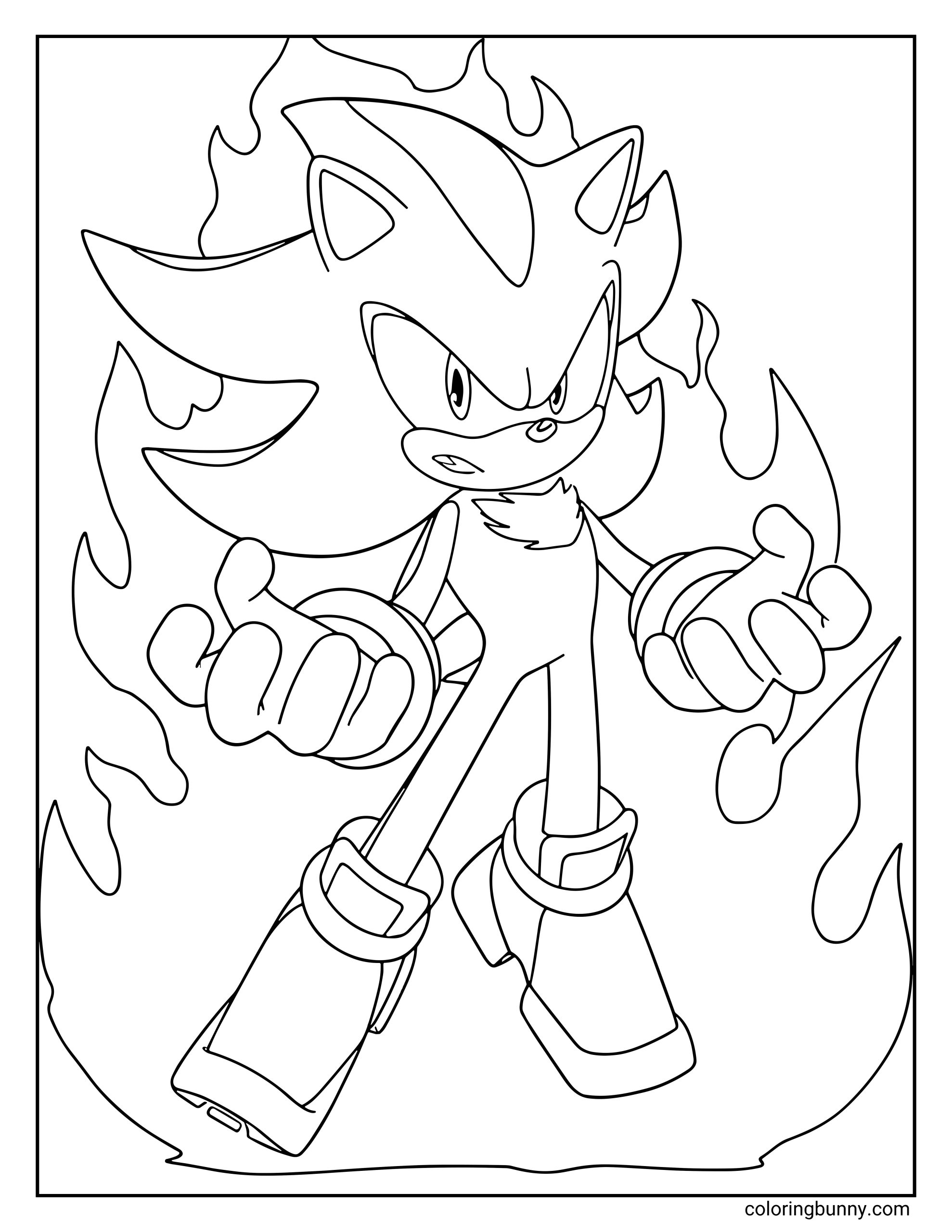Super Shadow coloring page featuring Shadow the Hedgehog surrounded by a blazing aura of energy. He’s standing in a powerful stance with clenched fists and a fierce expression, his quills flaring upward as his transformation radiates strength.
