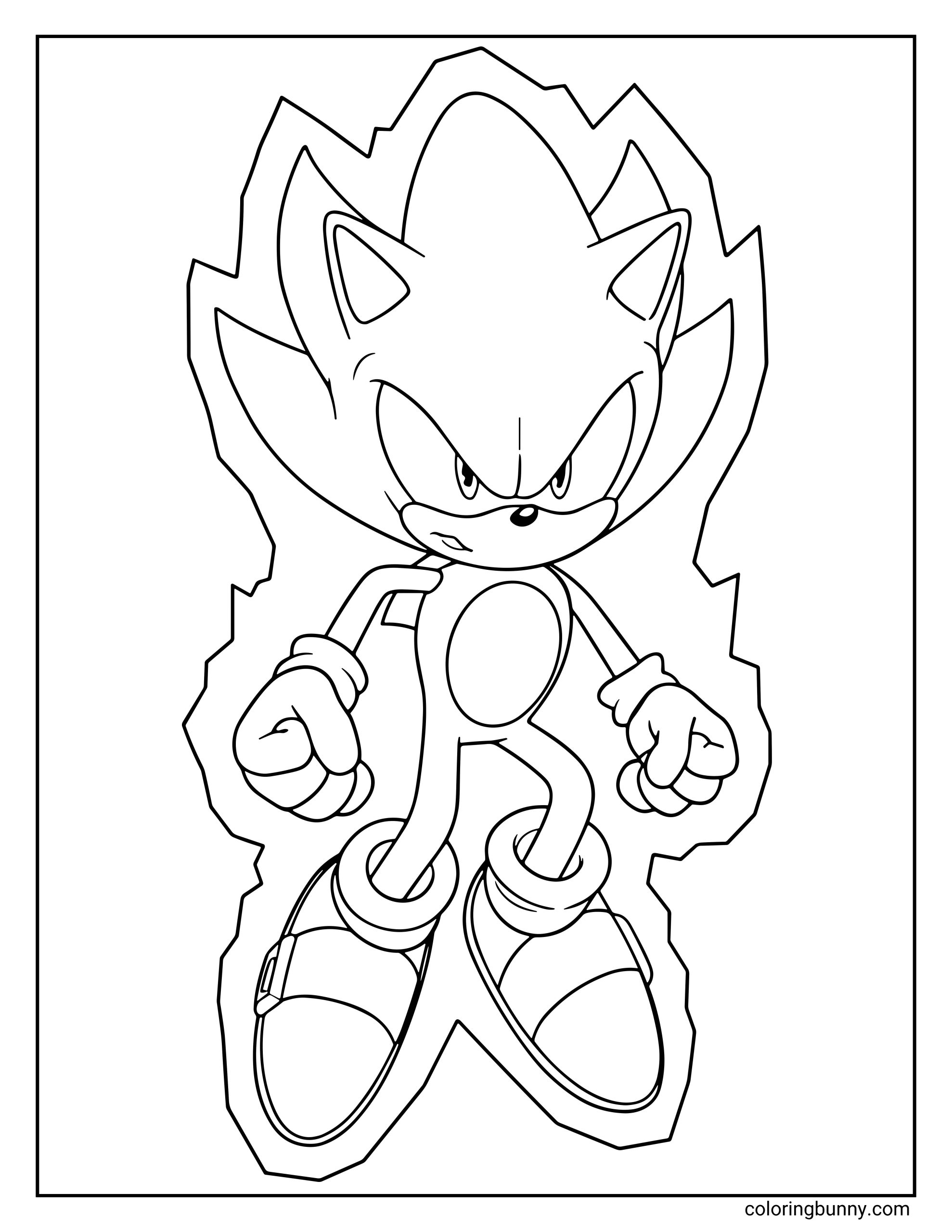 Super Sonic 2 coloring page featuring Sonic in his powerful Starfall Super Sonic form from Sonic Frontiers. He’s surrounded by a jagged, glowing energy aura, standing confidently with clenched fists and an intense expression.