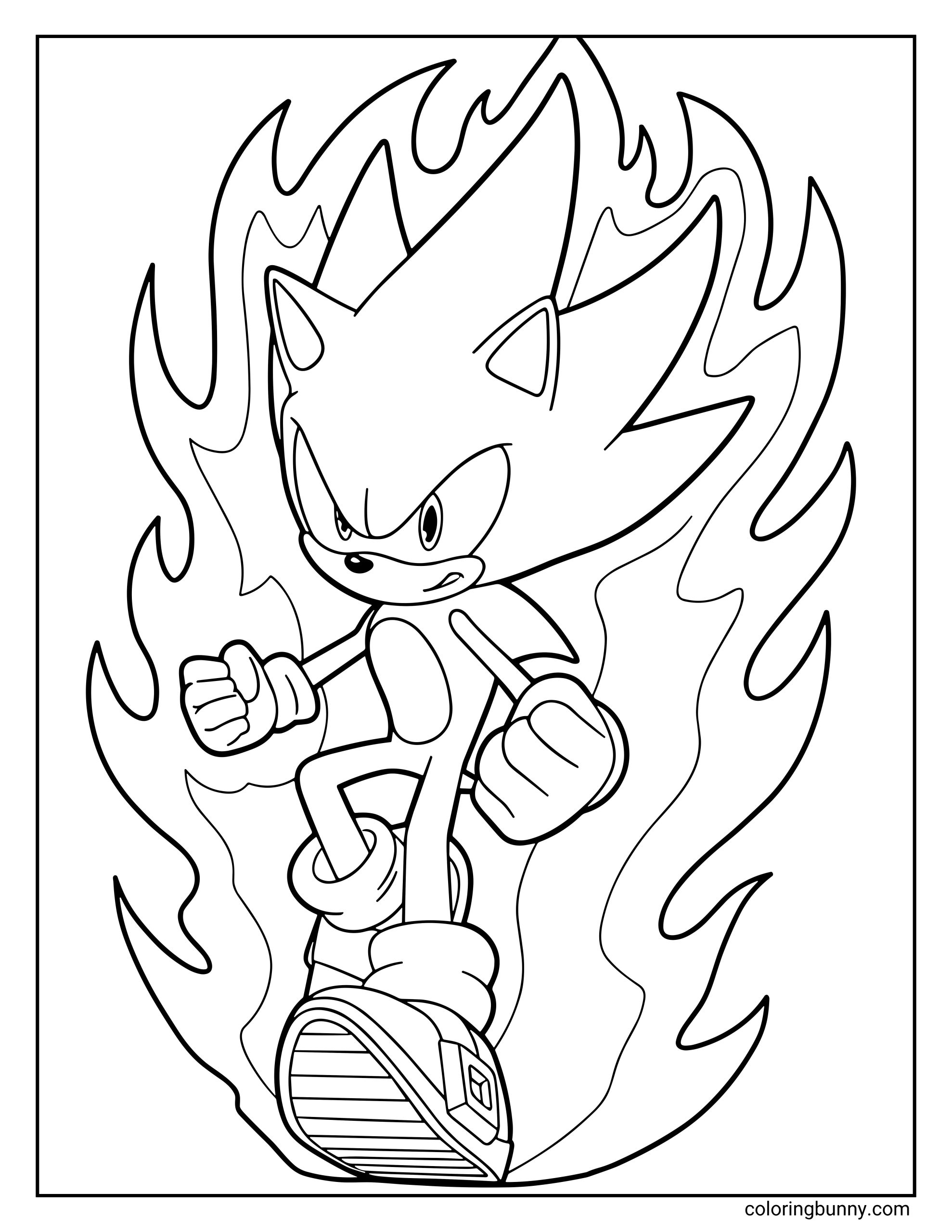 Super Sonic coloring page transformation featuring Sonic the Hedgehog surrounded by a blazing, flame-like energy aura. He has a fierce expression, clenched fists, and is mid-leap with his quills spiked upward, radiating intense energy.
