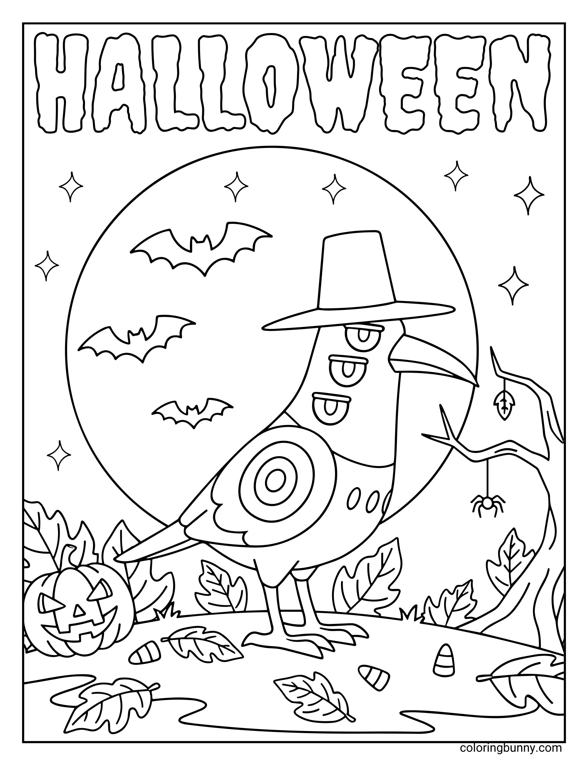 Coloring page of Sussie the pigeon from KPop: Demon Hunters standing under a full moon wearing a wide-brimmed hat, surrounded by bats, pumpkins, fallen leaves, and candy corn with “HALLOWEEN” written above.