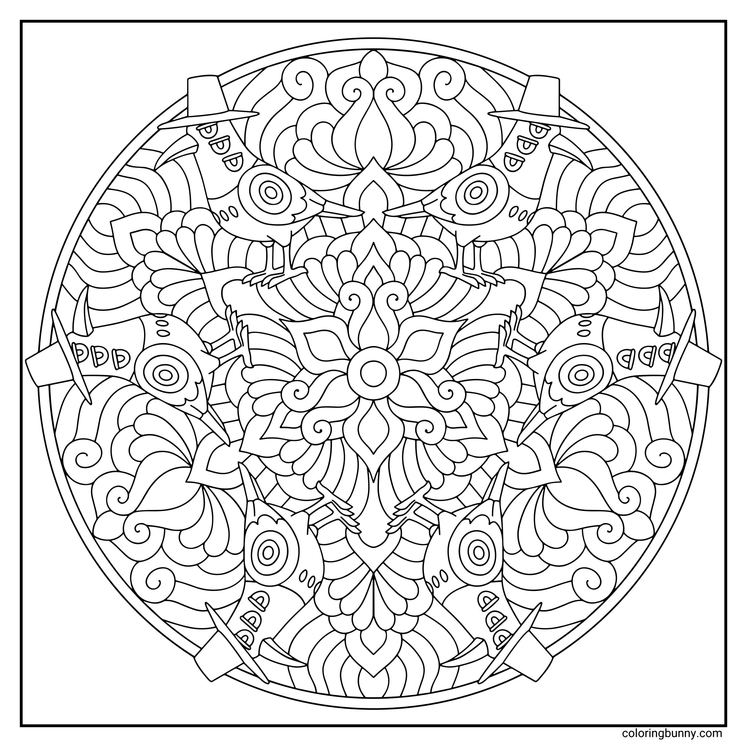 A detailed mandala coloring page featuring multiple repeating Sussie characters from KPop Demon Hunters. Each Sussie figure appears wearing a small hat and has large expressive eyes and patterned feathers. The mandala is filled with swirling shapes, petals, and ornate decorative lines arranged in a perfectly symmetrical circular design.