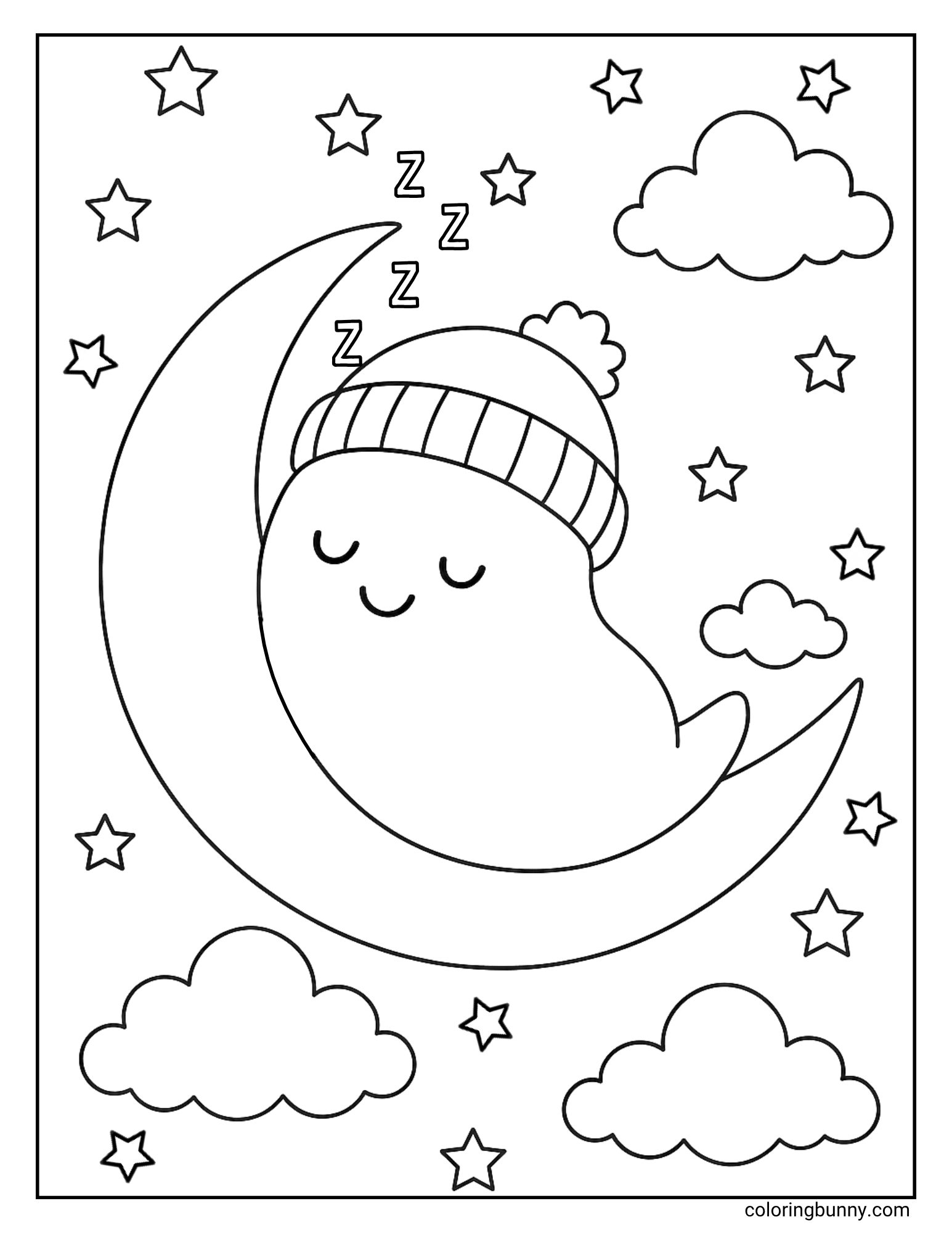 A peaceful and sweet coloring sheet of a little ghost sleeping on a crescent moon. The ghost is wearing a cozy woolly hat, and is surrounded by soft clouds and twinkling stars in the night sky.