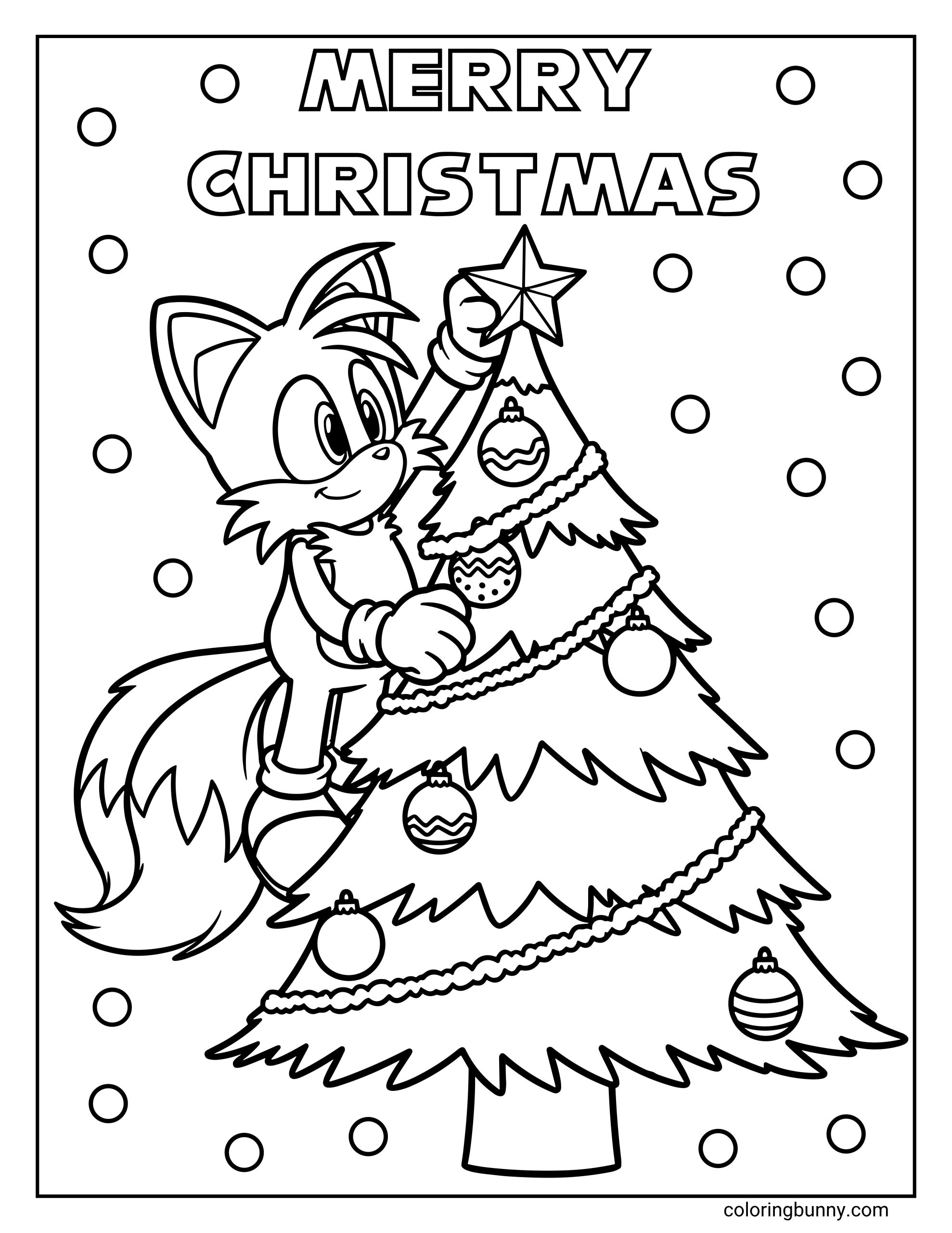 A coloring page of Tails from the Sonic series placing a star on top of a Christmas tree decorated with ornaments and garlands, surrounded by falling snow.