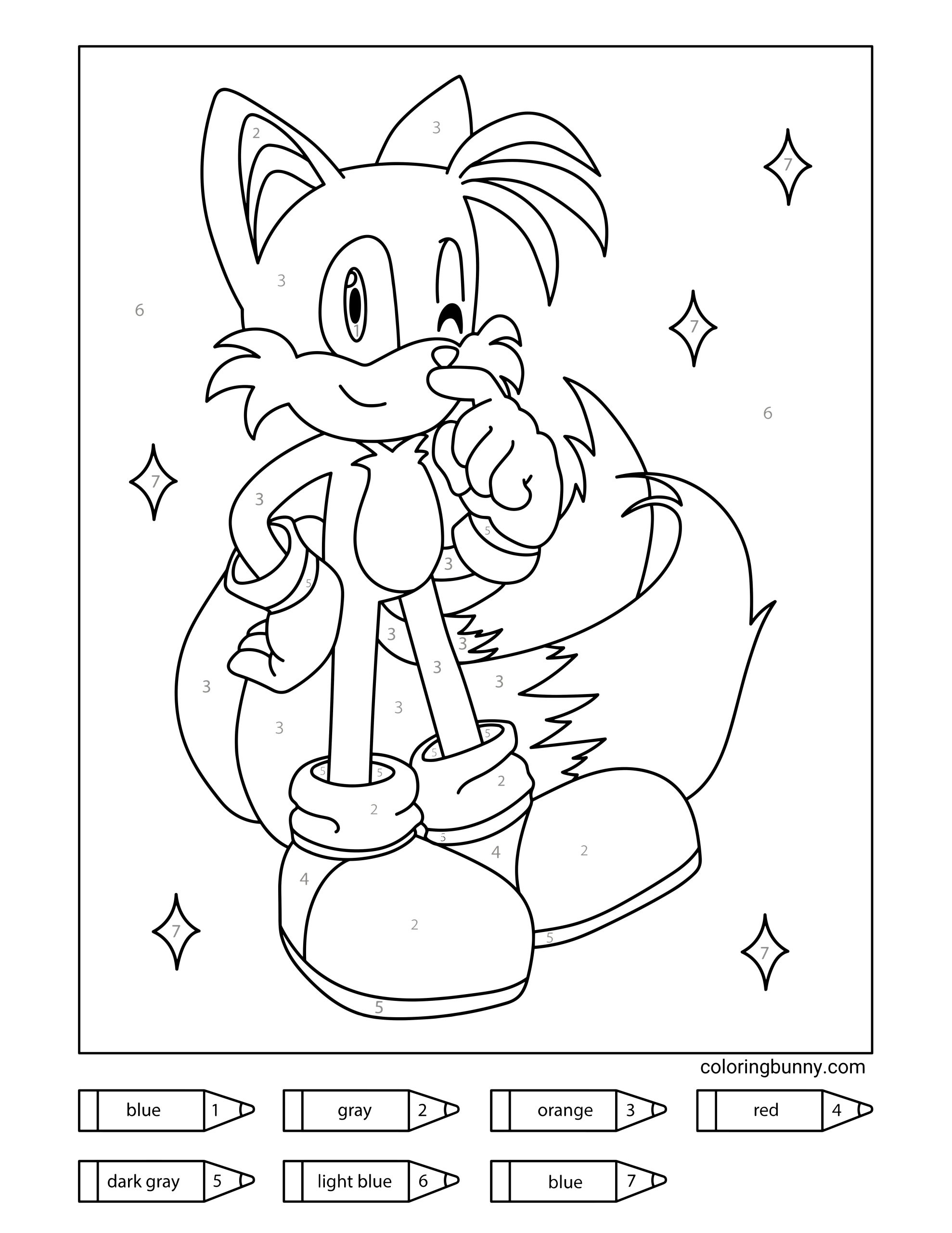 A Tails (from Sonic the Hedgehog) color-by-number coloring page showing Tails smiling with one hand raised. The illustration includes numbered sections covering Tails’ fur, shoes, gloves, and background stars, matching a color key at the bottom with blue, gray, orange, red, dark gray, light blue, and blue.