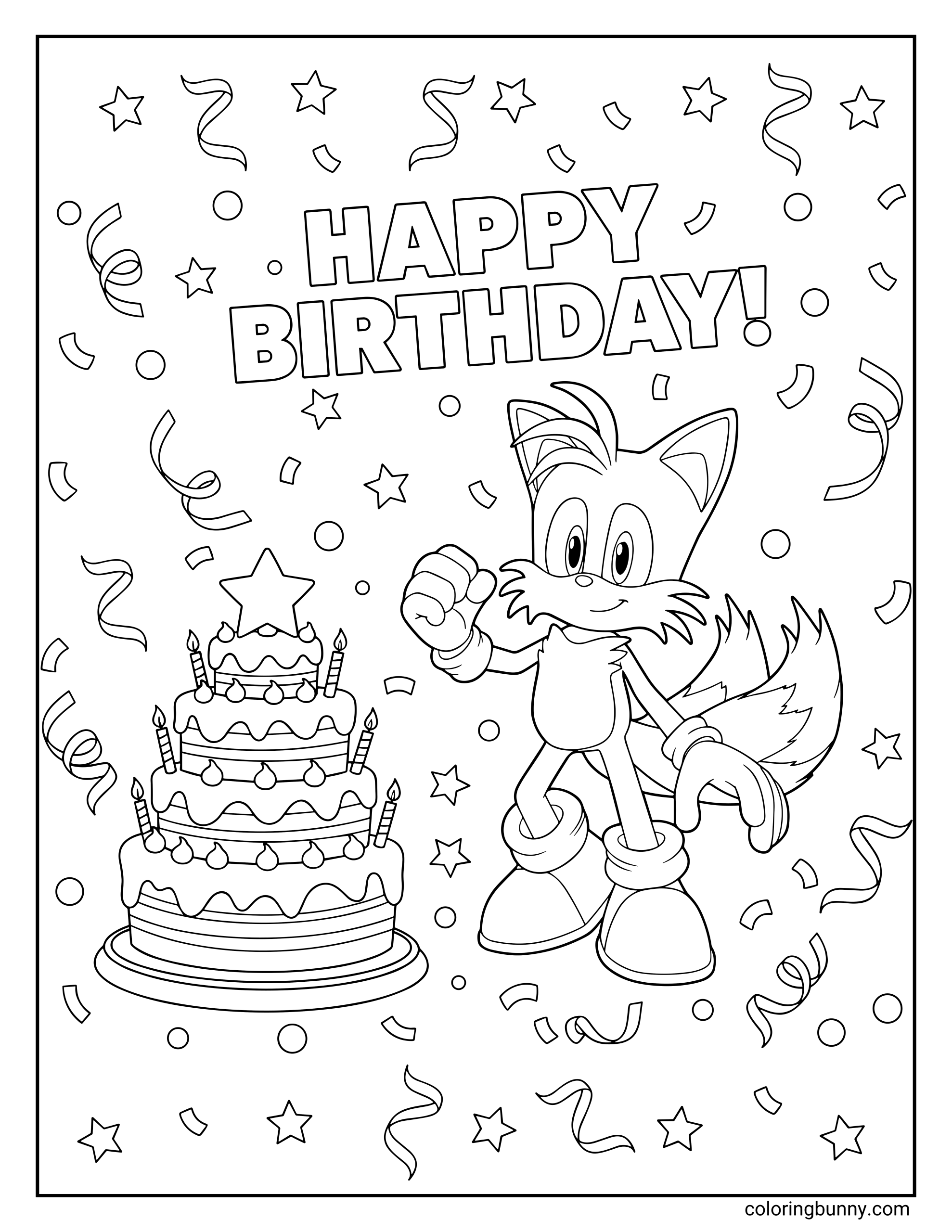 A coloring page of Tails from Sonic the Hedgehog celebrating a birthday with a big cake topped with candles and a star, surrounded by confetti, stars, and streamers, with “HAPPY BIRTHDAY!” written above.