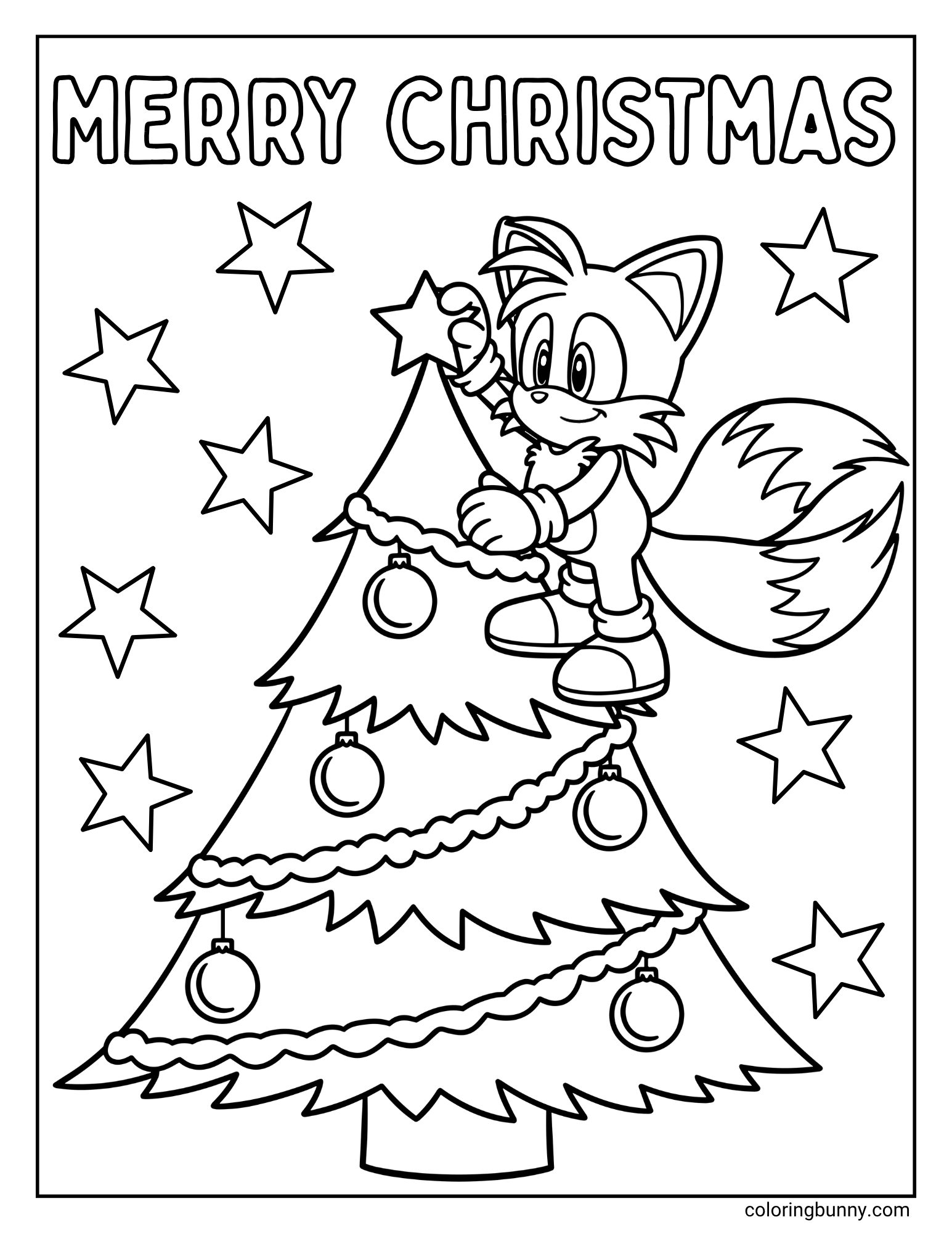 A Christmas coloring page with the text "MERRY CHRISTMAS" at the top. It features the character Tails from Sonic the Hedgehog, flying as he places a star on a Christmas tree.