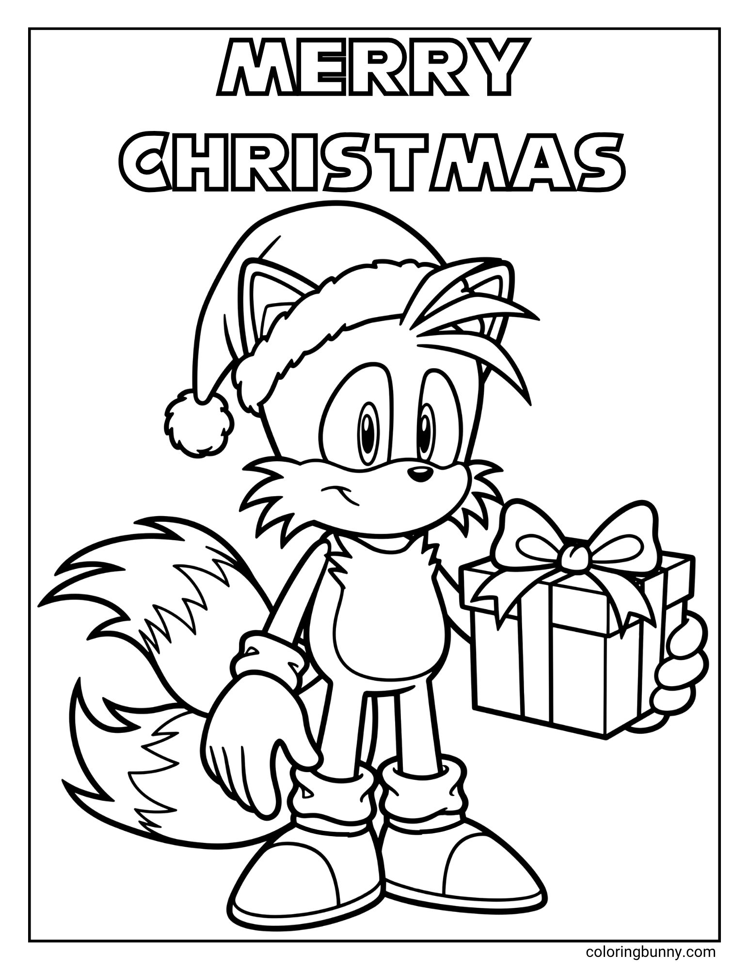 A Christmas coloring page with the text "MERRY CHRISTMAS" at the top. It features the character Tails from Sonic the Hedgehog, wearing a Santa hat and holding a wrapped present.