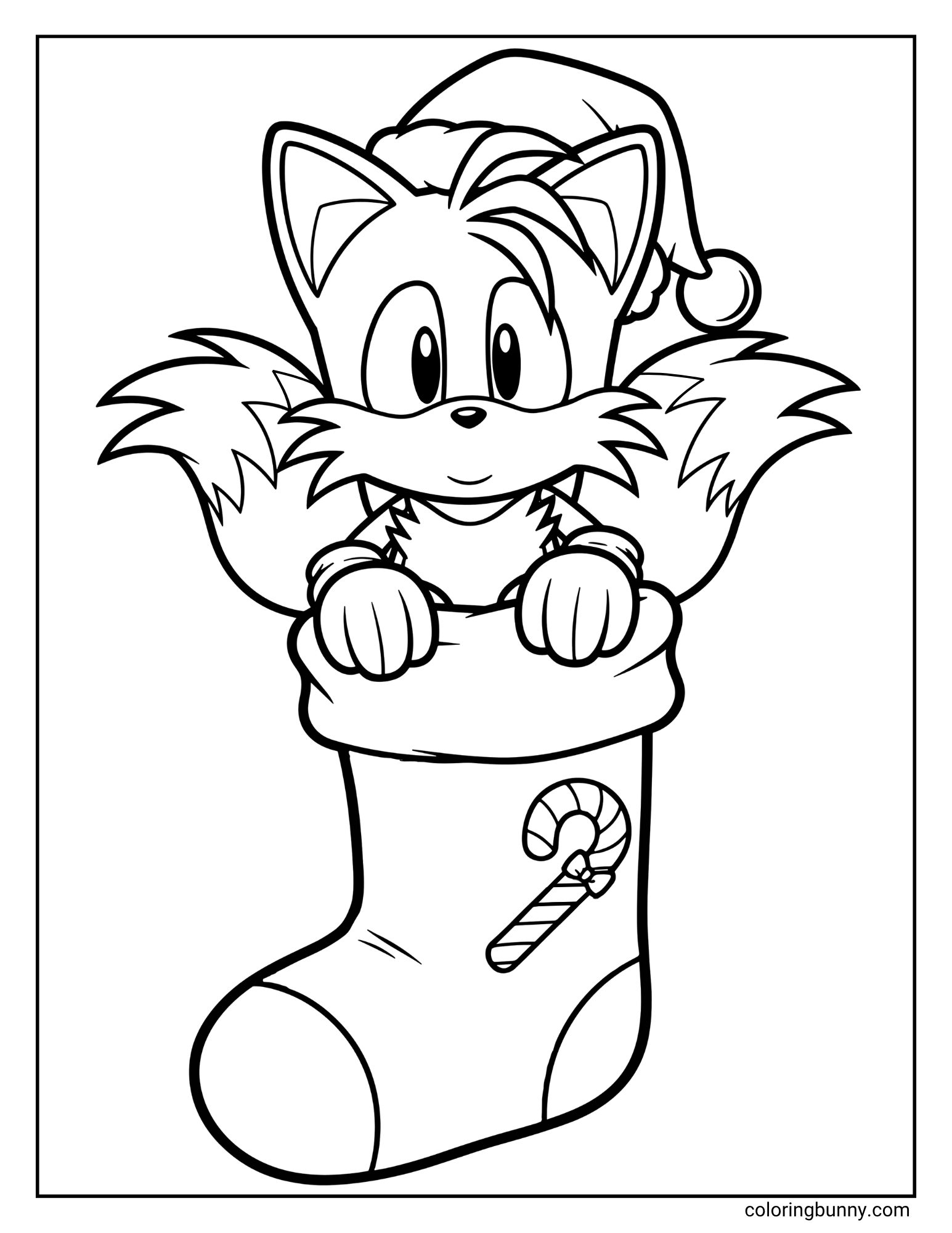 A Christmas coloring page featuring the character Tails from Sonic the Hedgehog. He is wearing a Santa hat and peeking out of a Christmas stocking that is decorated with a candy cane.