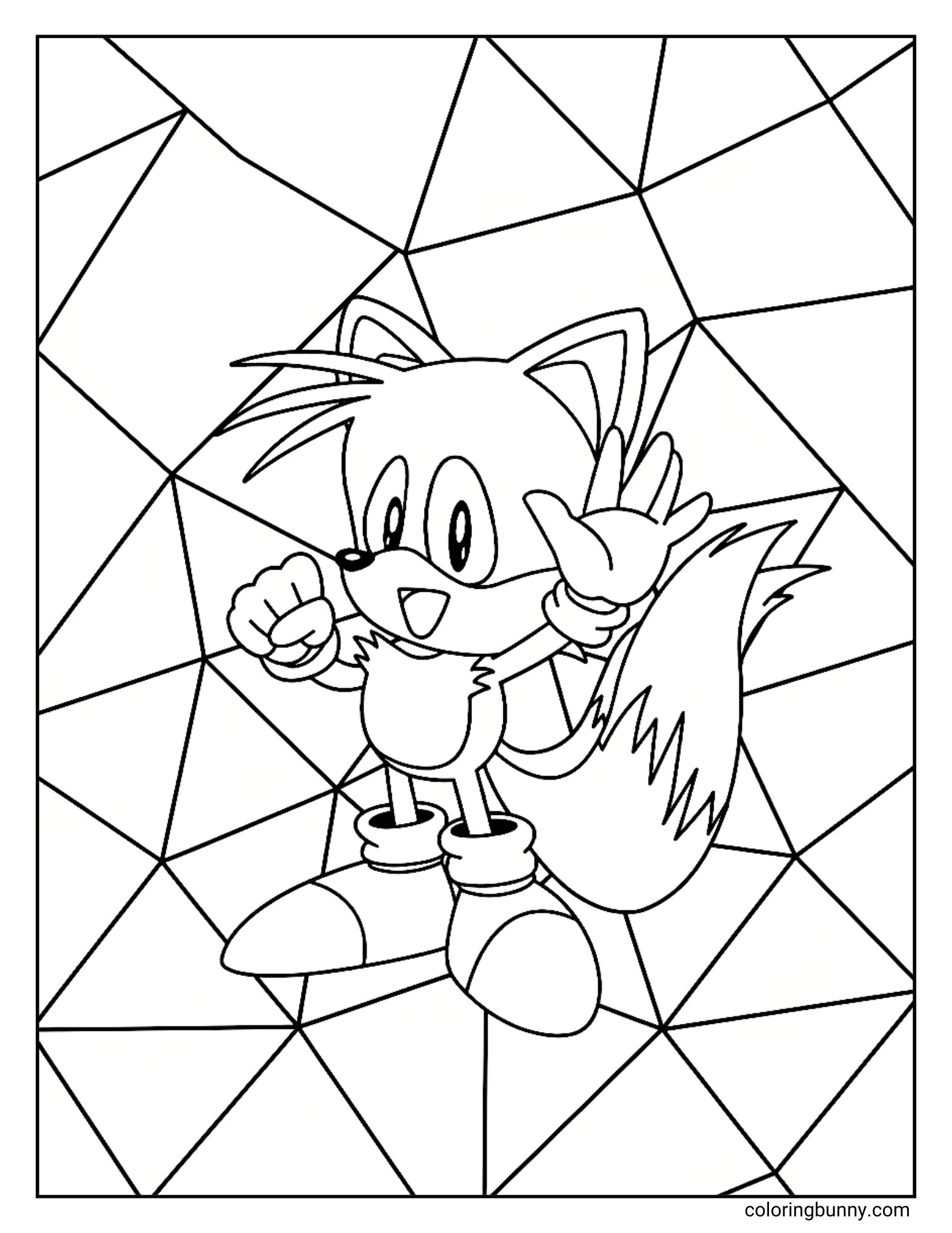 A coloring page featuring the character Tails from Sonic the Hedgehog. He is smiling and waving, and the background has a geometric pattern of intersecting lines.