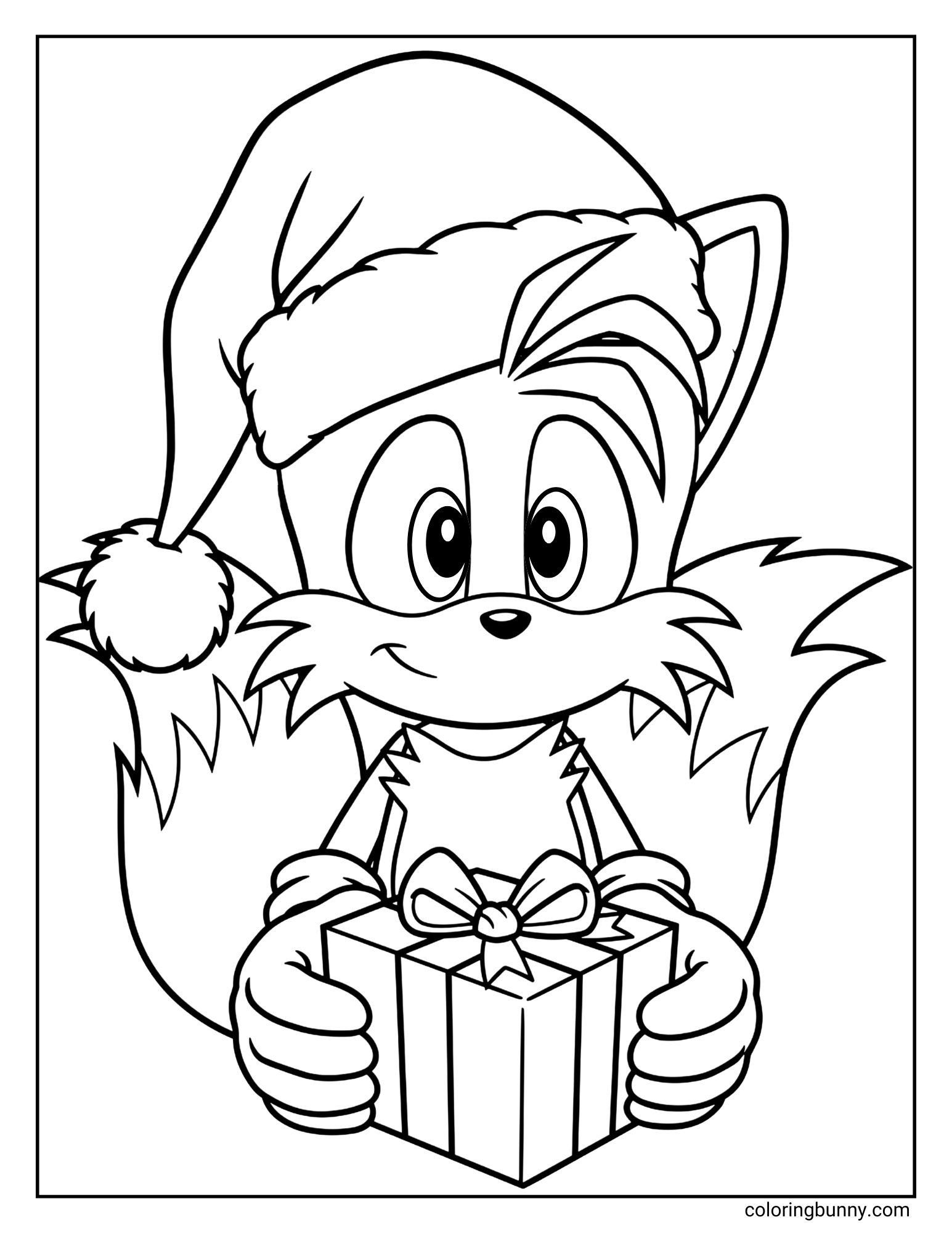 A Christmas coloring page featuring the character Tails from Sonic the Hedgehog. He is wearing a Santa hat and smiling as he holds a wrapped present.