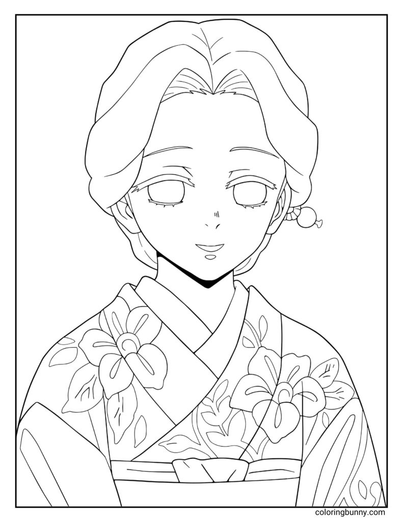 This coloring page features Tamayo from Demon Slayer: Kimetsu no Yaiba, shown with a calm and gentle expression. She wears an elegant kimono decorated with intricate floral patterns, her hair neatly styled and tied with a small ornament. The delicate lines and soft details highlight her graceful and composed personality.