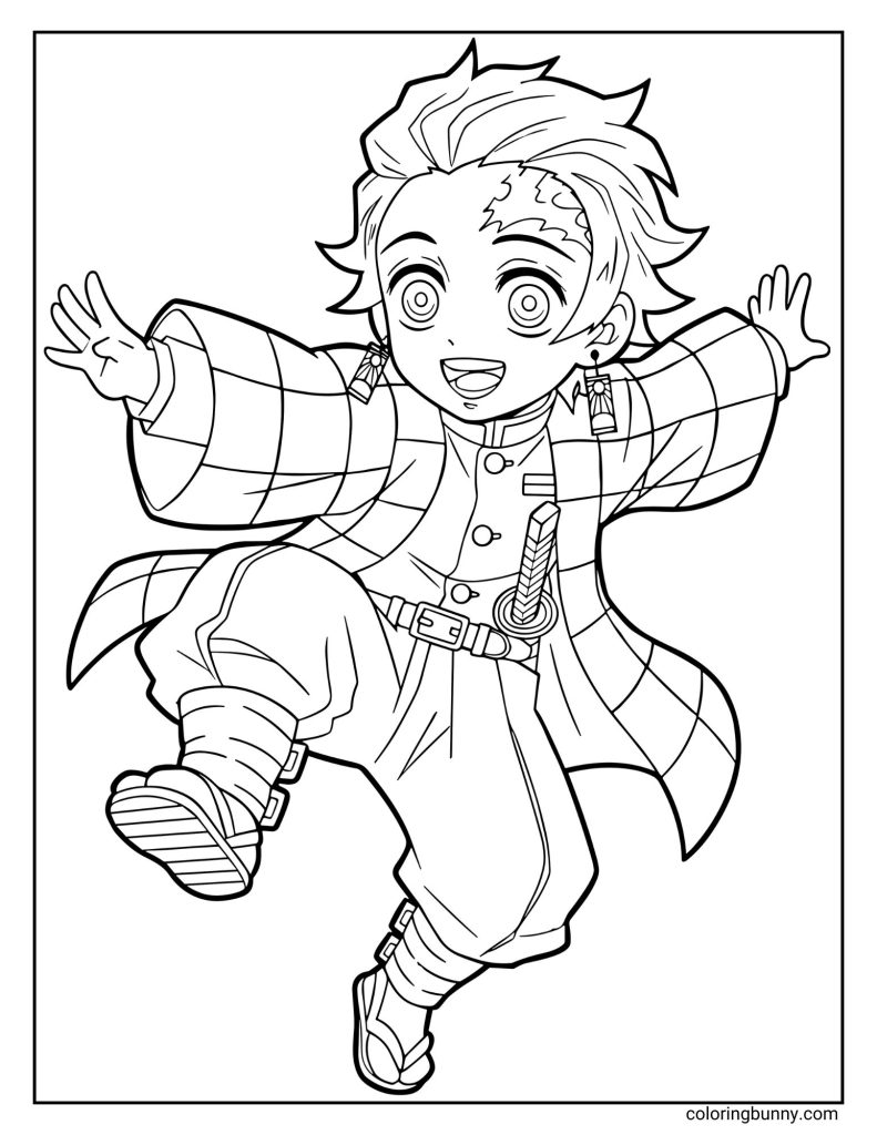 Cute chibi-style coloring page of Tanjiro Kamado from Demon Slayer, shown smiling brightly with his arms outstretched and wearing his signature checkered haori and hanafuda earrings.
