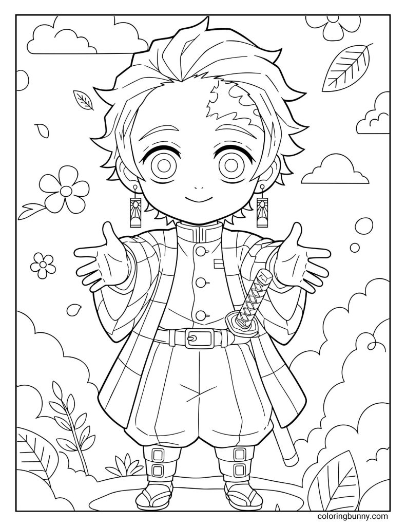 Adorable chibi-style coloring page of Tanjiro Kamado from Demon Slayer standing with open arms in a cheerful background filled with clouds, flowers, and leaves, ready for a fun and colorful adventure.