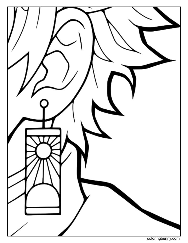 A beautifully detailed close-up coloring page featuring Tanjiro Kamado’s iconic hanafuda earrings from Demon Slayer: Kimetsu no Yaiba. The design captures the sun-rising motif with its clean geometric rays and smooth outlines, perfect for adding your own artistic touch. This printable coloring page highlights the elegant craftsmanship of Tanjiro’s earrings, offering fans a focused, creative tribute to one of anime’s most recognizable symbols.