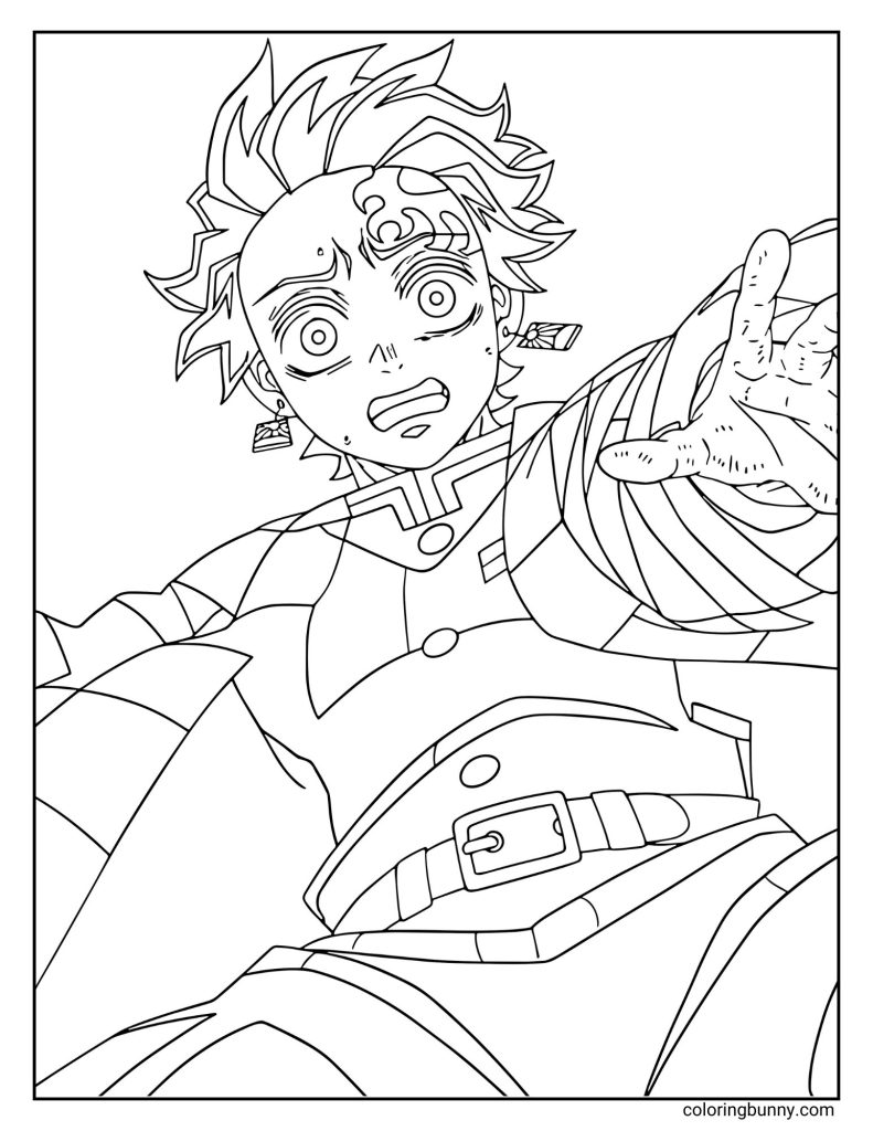 Line art of Tanjiro Kamado falling through the shifting halls of the Infinity Castle from Demon Slayer: Kimetsu no Yaiba. His eyes are wide with shock as he reaches upward, his haori fluttering and Hanafuda earrings swinging, capturing the chaos and disorientation of the castle’s gravity-defying world.