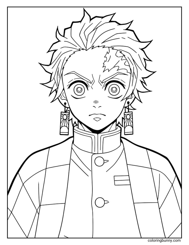 A detailed front-view coloring page of Tanjiro Kamado from Demon Slayer: Kimetsu no Yaiba. This design features his iconic hanafuda earrings, flame-like forehead scar, and checkered haori pattern for fans to color in. Tanjiro’s determined expression, uniform buttons, and layered outfit give plenty of space for creativity and shading. Perfect for anime lovers and anyone who enjoys intricate, clean line art.