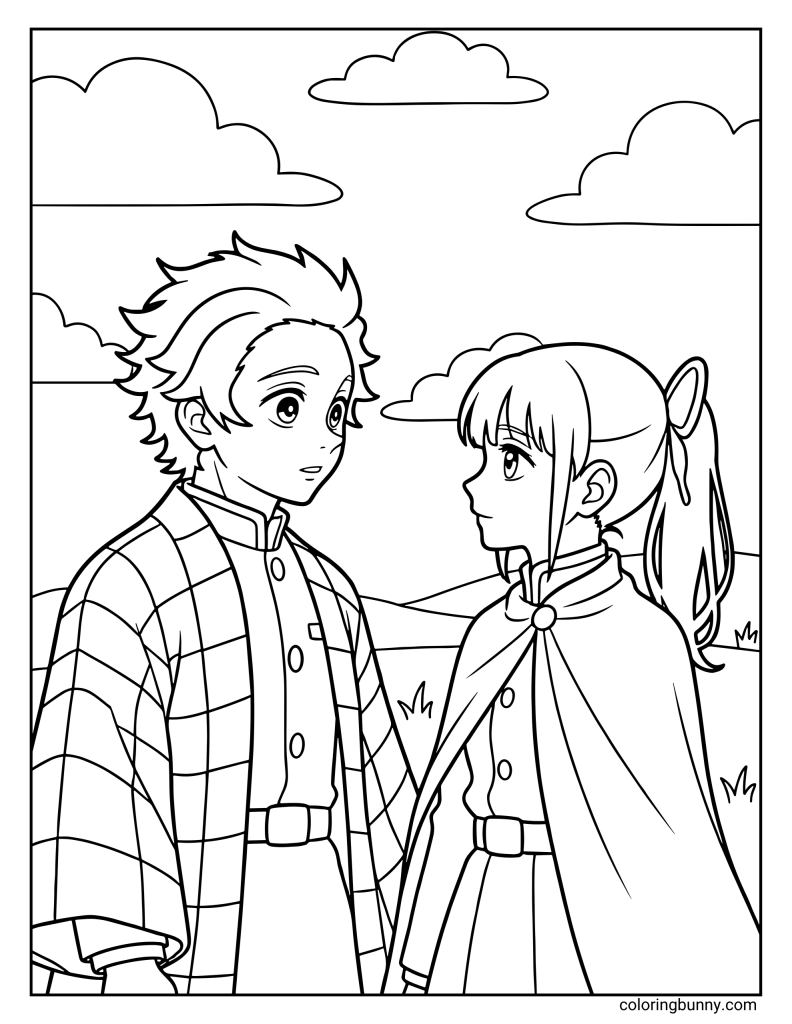 Tanjiro Kamado and Kanao Tsuyuri from Demon Slayer stand quietly facing each other. Tanjiro wears his signature checkered haori, while Kanao is dressed in her uniform and cape with a butterfly hairpin, creating a calm and emotional scene perfect for coloring.