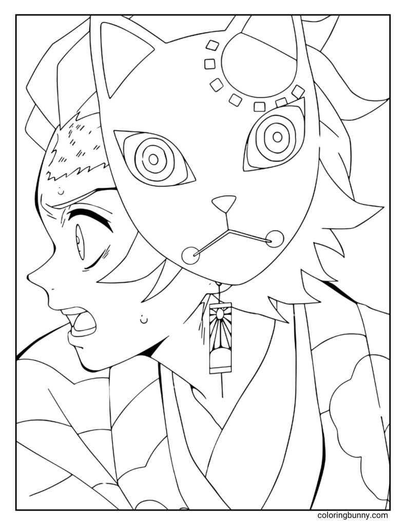 This coloring page design features Tanjiro Kamado from Demon Slayer: Kimetsu no Yaiba, wearing his signature hanafuda earrings and the Warding mask given to him by Sakonji Urokodaki during his training. He’s shown in a dynamic side profile with a focused, determined expression and sweat on his cheek, capturing a moment of intensity. The clean black-and-white line art emphasizes the details of his striped haori, mask markings, and expressive pose - perfect for creative coloring and shading.