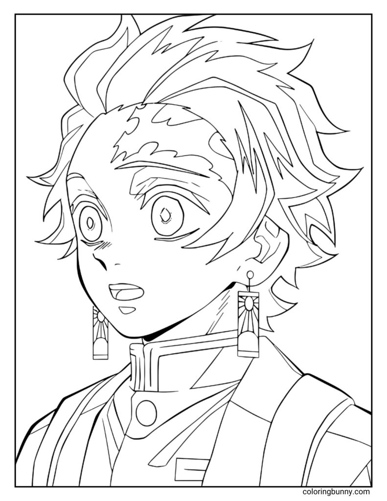 This coloring page design shows a close-up of Tanjiro Kamado from Demon Slayer: Kimetsu no Yaiba, highlighting his iconic hanafuda earrings and flame-shaped forehead scar. His wide-eyed, surprised expression and detailed hair give the illustration depth and emotion. The clean black-and-white line art emphasizes his signature features, making it perfect for fans to color and personalize.