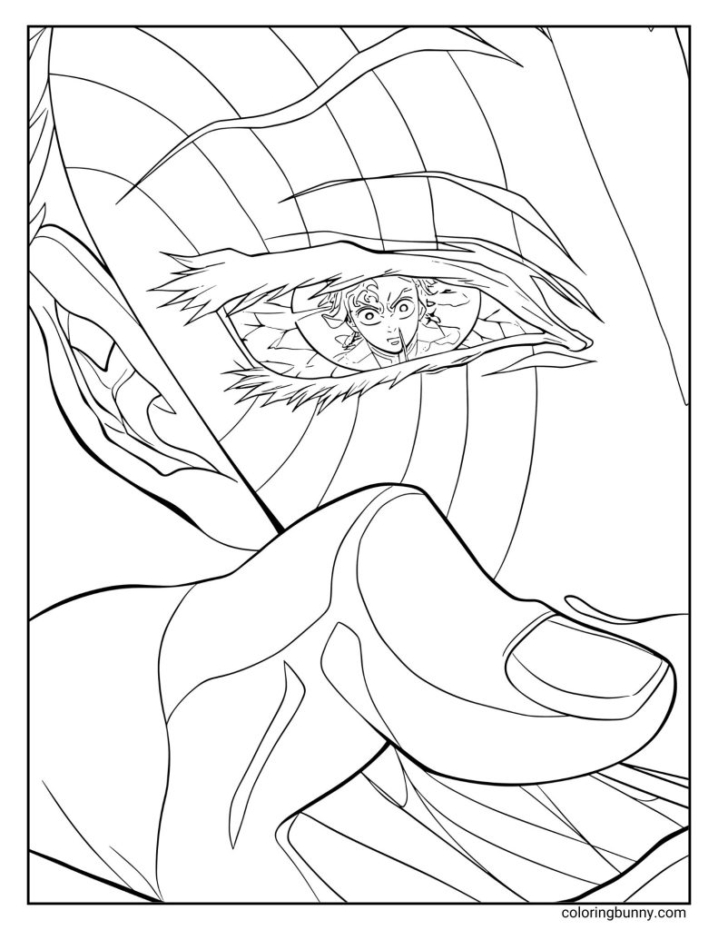 Detailed line art from Demon Slayer: Infinity Castle, showing Tanjiro Kamado reflected in Akaza’s eye mid-battle. Akaza’s intense expression fills the frame, with Tanjiro appearing determined inside the reflection, capturing the fierce energy of their iconic confrontation.