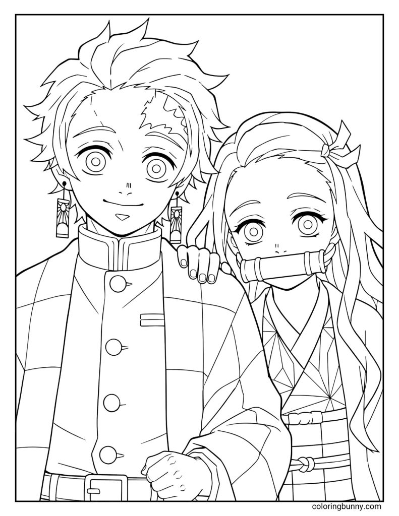 This heartwarming Demon Slayer coloring page features Tanjiro Kamado and his sister Nezuko Kamado standing side by side, showcasing their unbreakable sibling bond. Tanjiro is drawn in his checkered haori and hanafuda earrings, while Nezuko appears in her signature kimono with geometric patterns and bamboo muzzle. The clean, detailed line art highlights their gentle expressions and iconic outfits, making it perfect for anime fans and colorists who enjoy crisp, expressive designs.