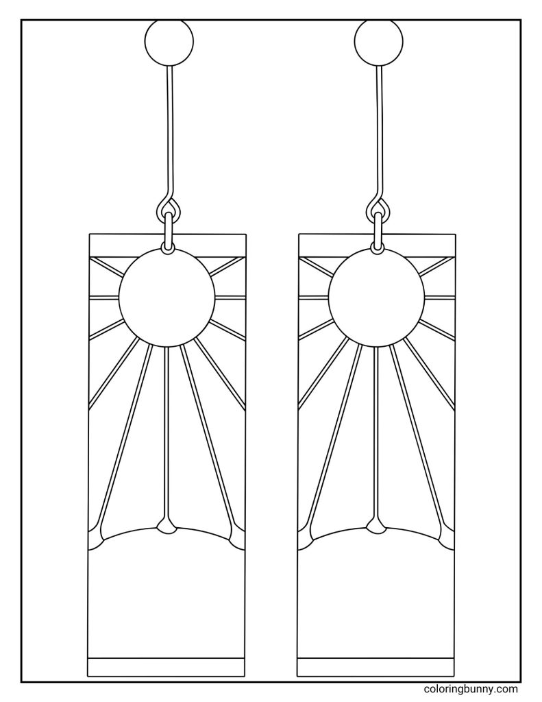Simple coloring page of Tanjiro Kamado’s hanafuda earrings from Demon Slayer, featuring the rising sun design with radiating lines on rectangular panels.