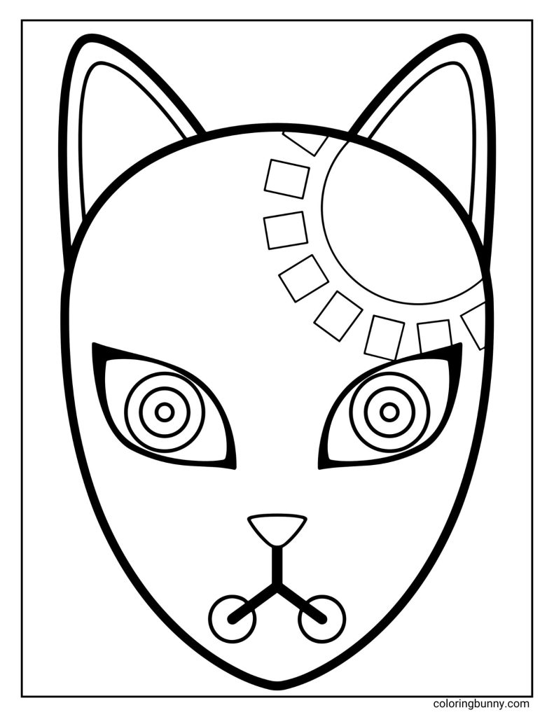 Simple coloring page of Tanjiro Kamado’s warding mask from Demon Slayer, featuring a fox-like design with a sun symbol on one side.
