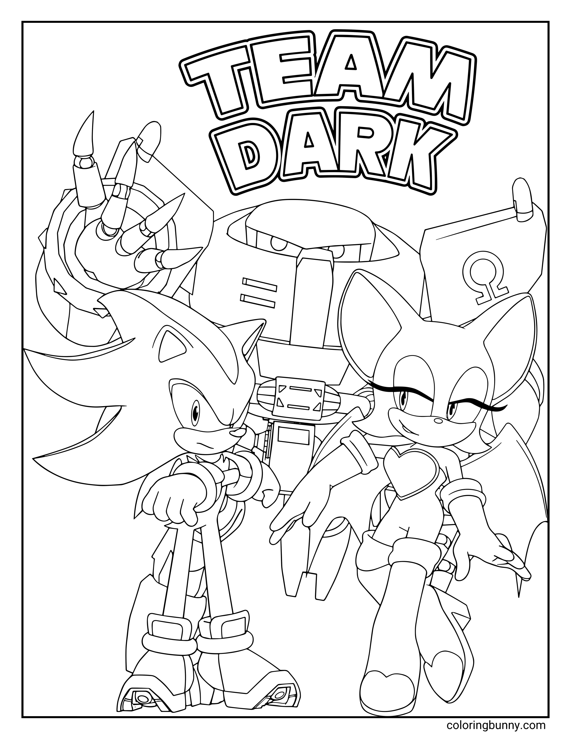 A coloring page of Team Dark featuring Shadow the Hedgehog, Rouge the Bat, and E-123 Omega posing confidently under the bold title “TEAM DARK.”