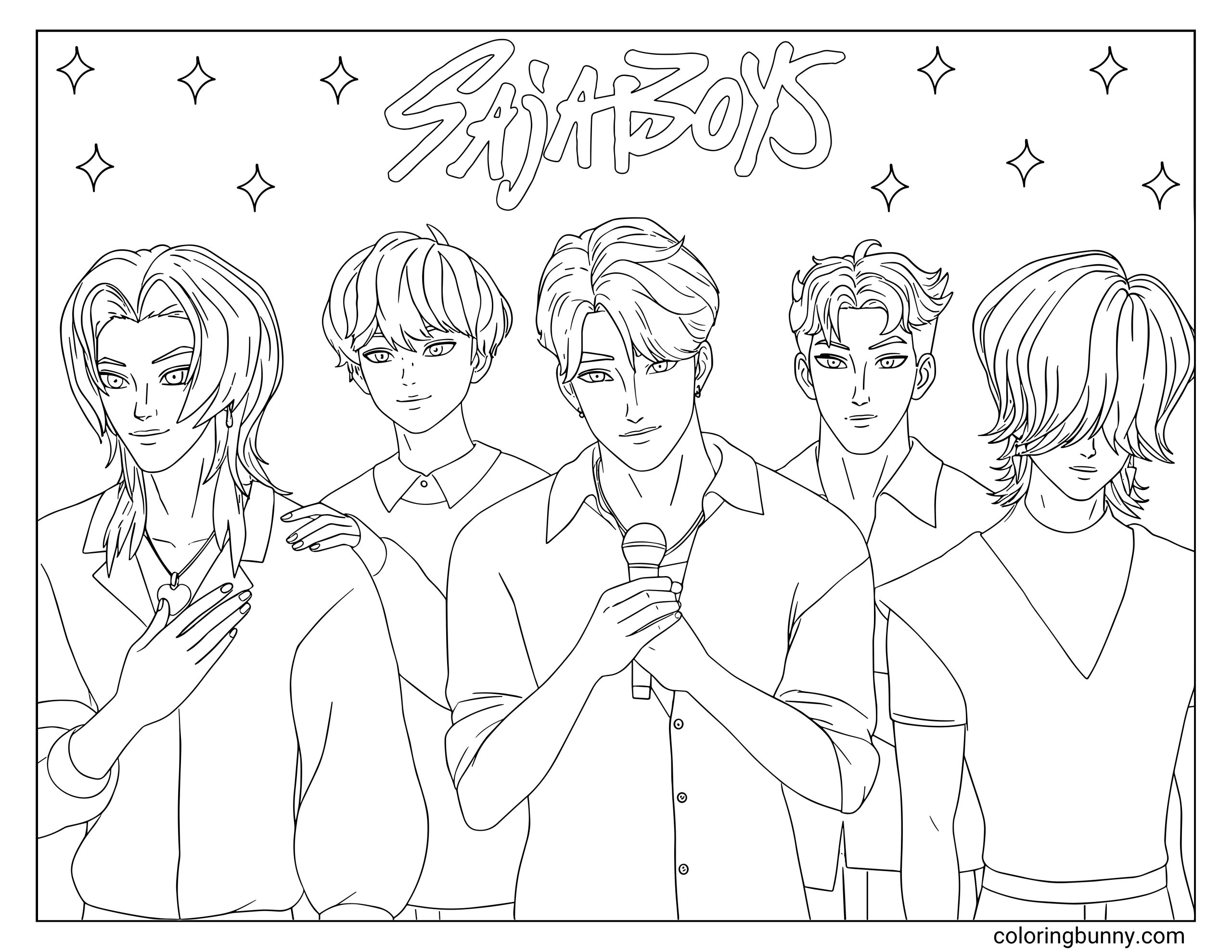 Coloring page of the Saja Boys from KPop: Demon Hunters, standing together under their logo with a microphone, each member showing their unique style and expression.