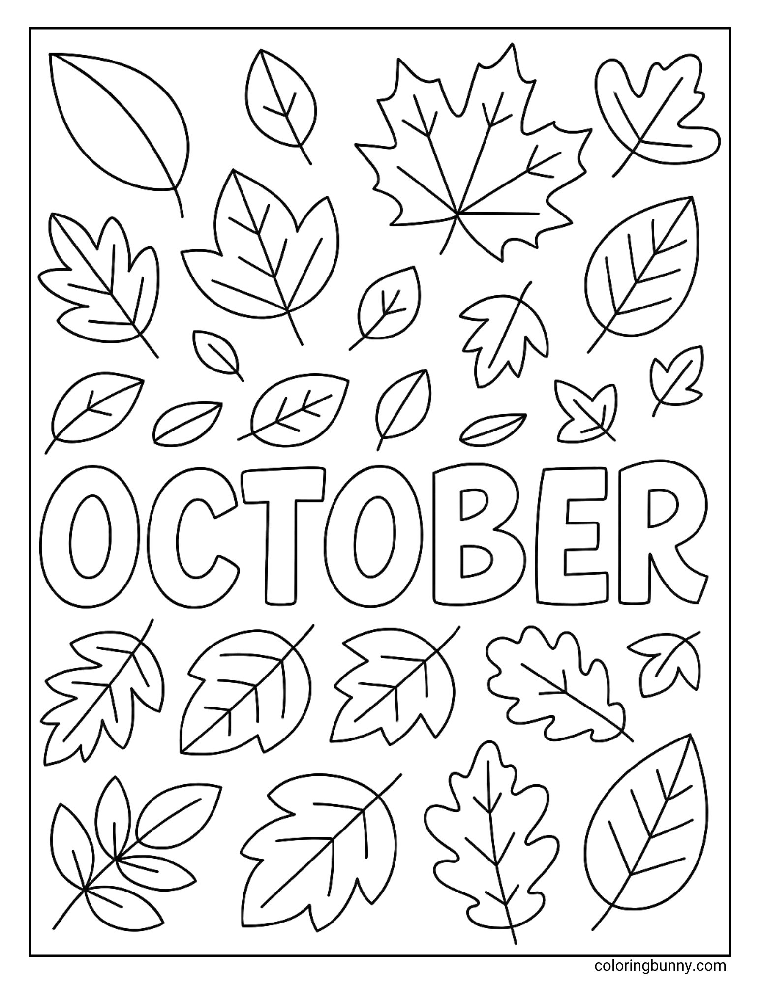 A black and white coloring sheet where the word 'October' is surrounded by a dense pattern of many different kinds of falling leaves. The page is filled with various leaf shapes like maple and oak, ready to be colored.