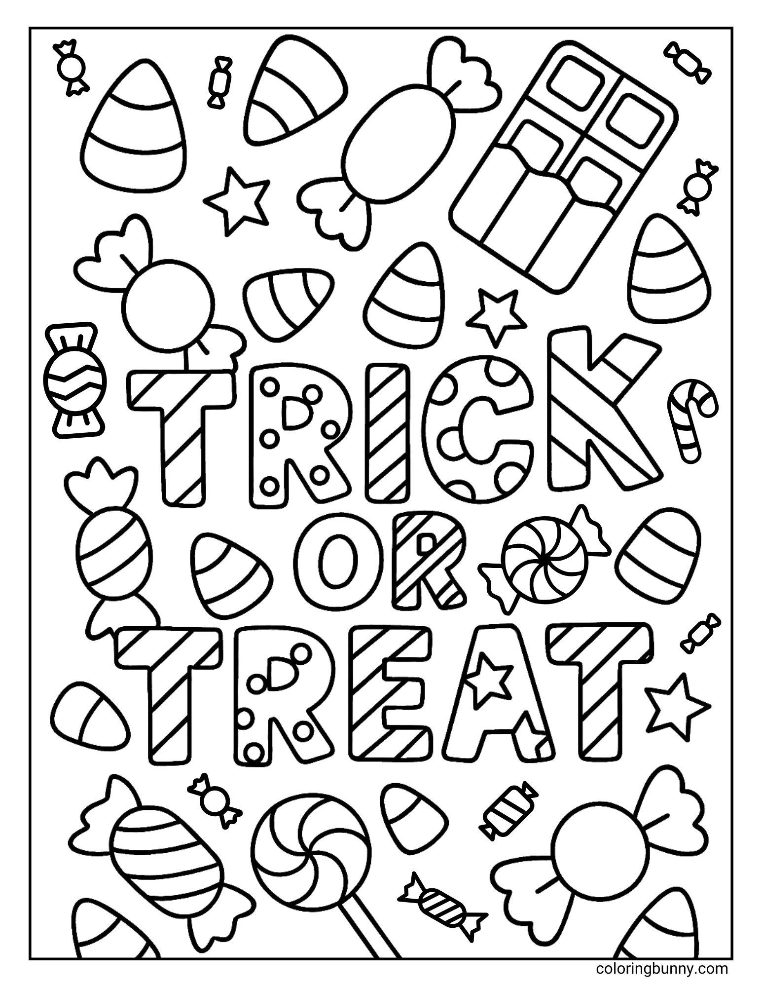 A fun and busy coloring page of a 'Trick or Treat' theme, with the words written in large, patterned letters. The entire page is filled with a delicious-looking assortment of candy, including a chocolate bar, a lollipop, candy corn, and many other wrapped sweets.
