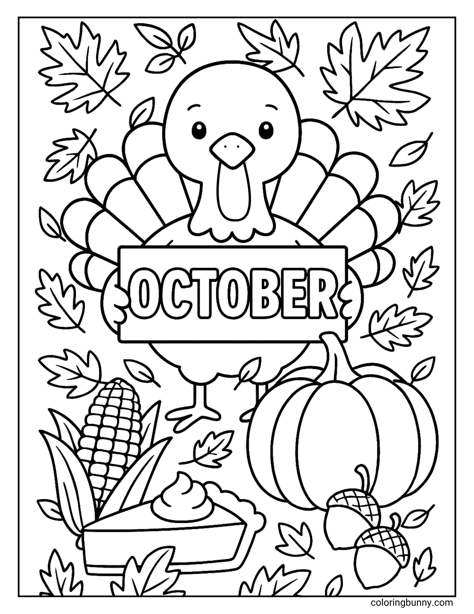 A fun fall coloring sheet where a friendly turkey is holding up a sign that says 'October'. The turkey is surrounded by a bountiful harvest, including a pumpkin, corn, a slice of pie, and acorns, all among falling leaves.