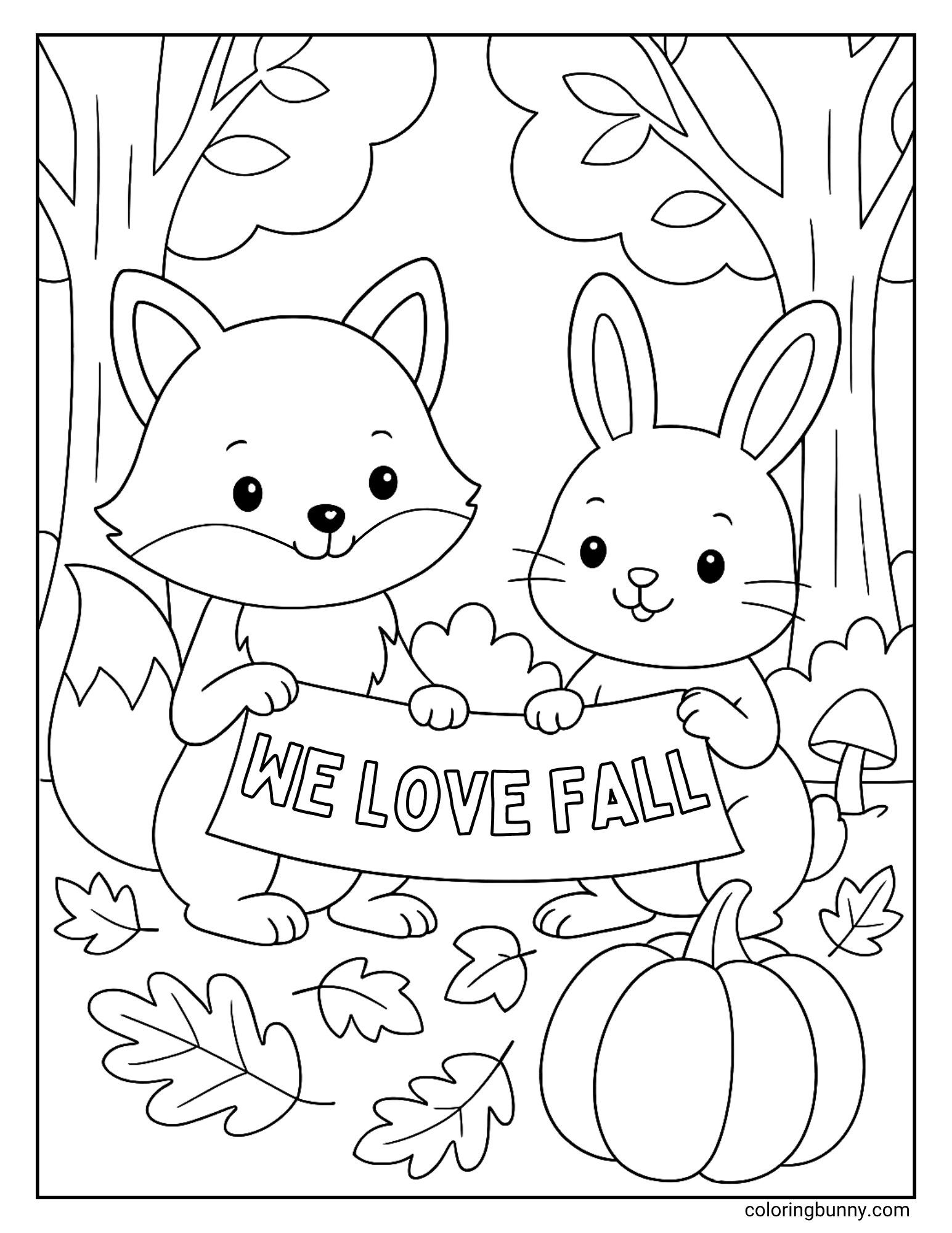 A black and white fall coloring page of a fox and a rabbit standing together in an autumn forest. They are holding a banner that says 'We Love Fall', with a large pumpkin at their feet and leaves on the ground. Both animals are smiling and looking forward.
